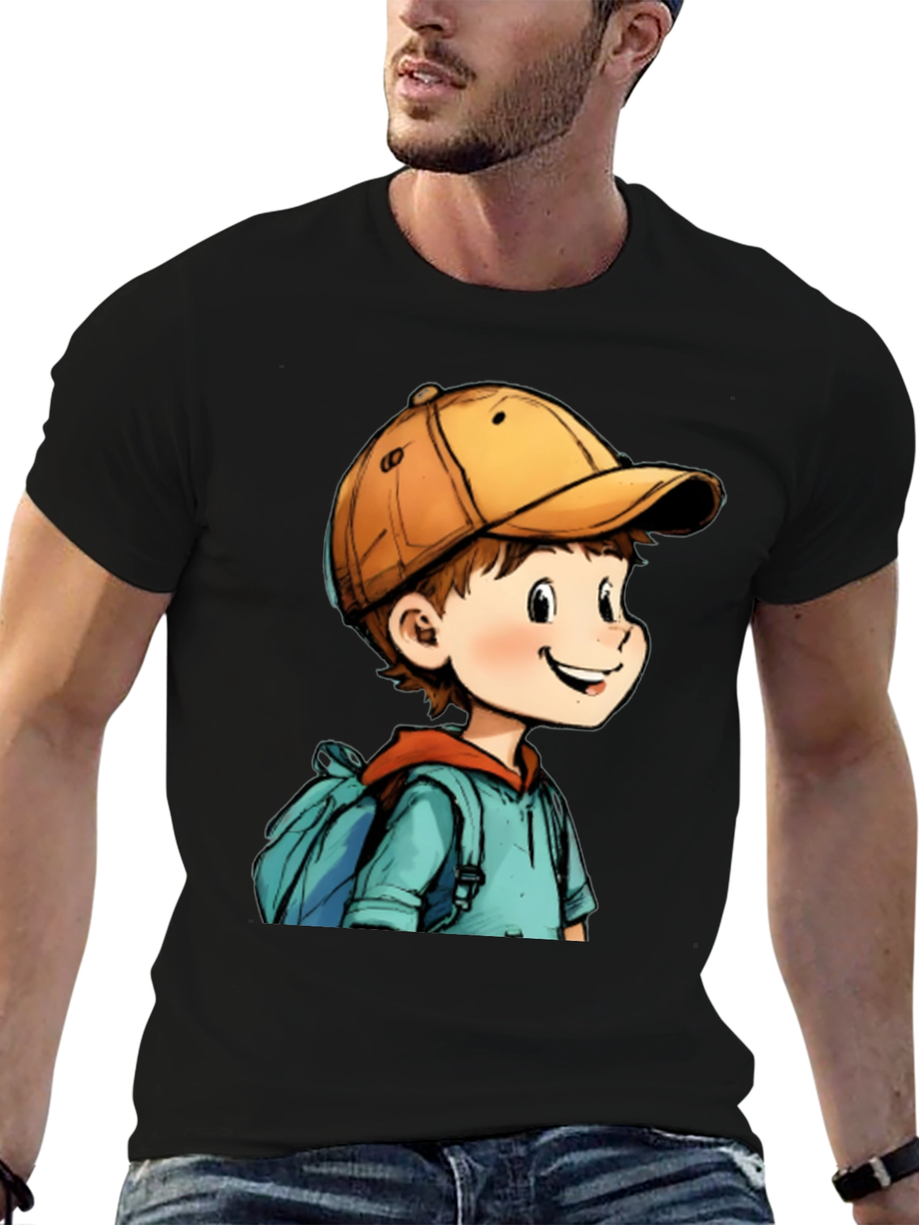 Black Cartoon Boy Black T-Shirt: Fun Graphic Tee for Everyday Wear view 6