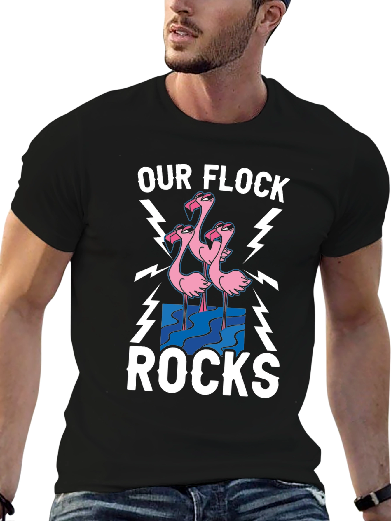 Black Our Flock Rocks T-Shirt - Pink Flamingo Design view 6