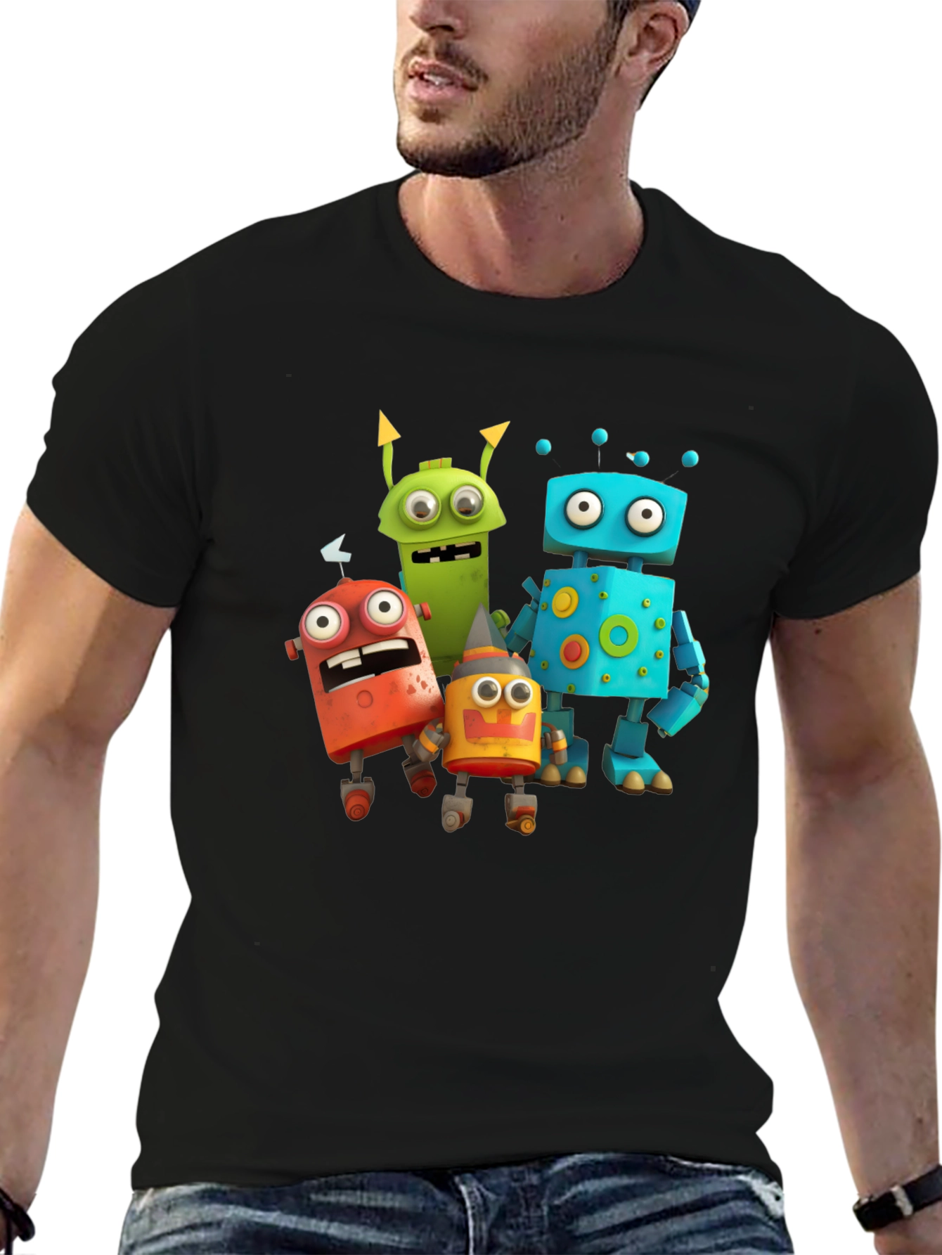 Black Robot Cartoon Graphic Black T-Shirt view 6