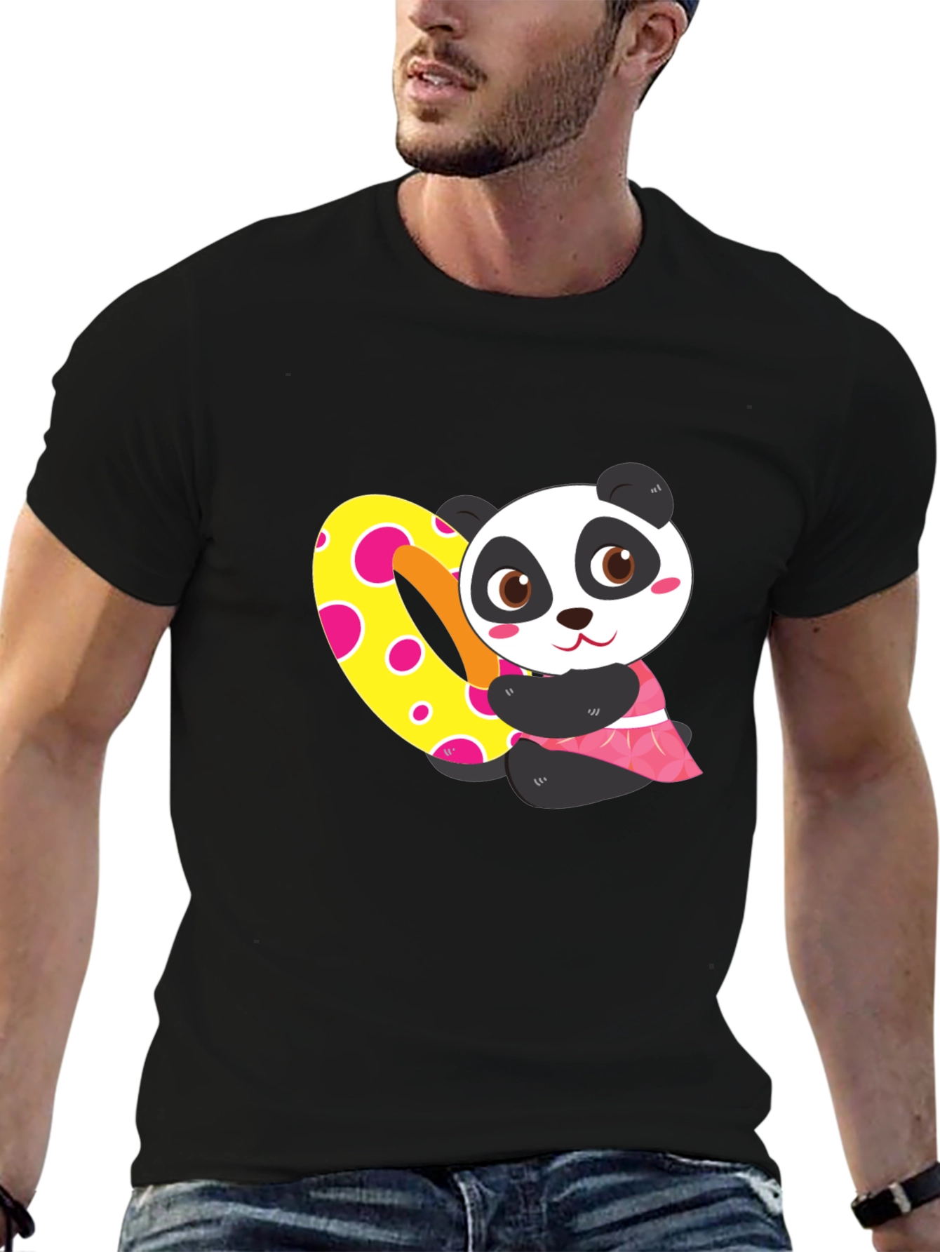Black Cute Panda Heart Graphic Black T-Shirt view 6