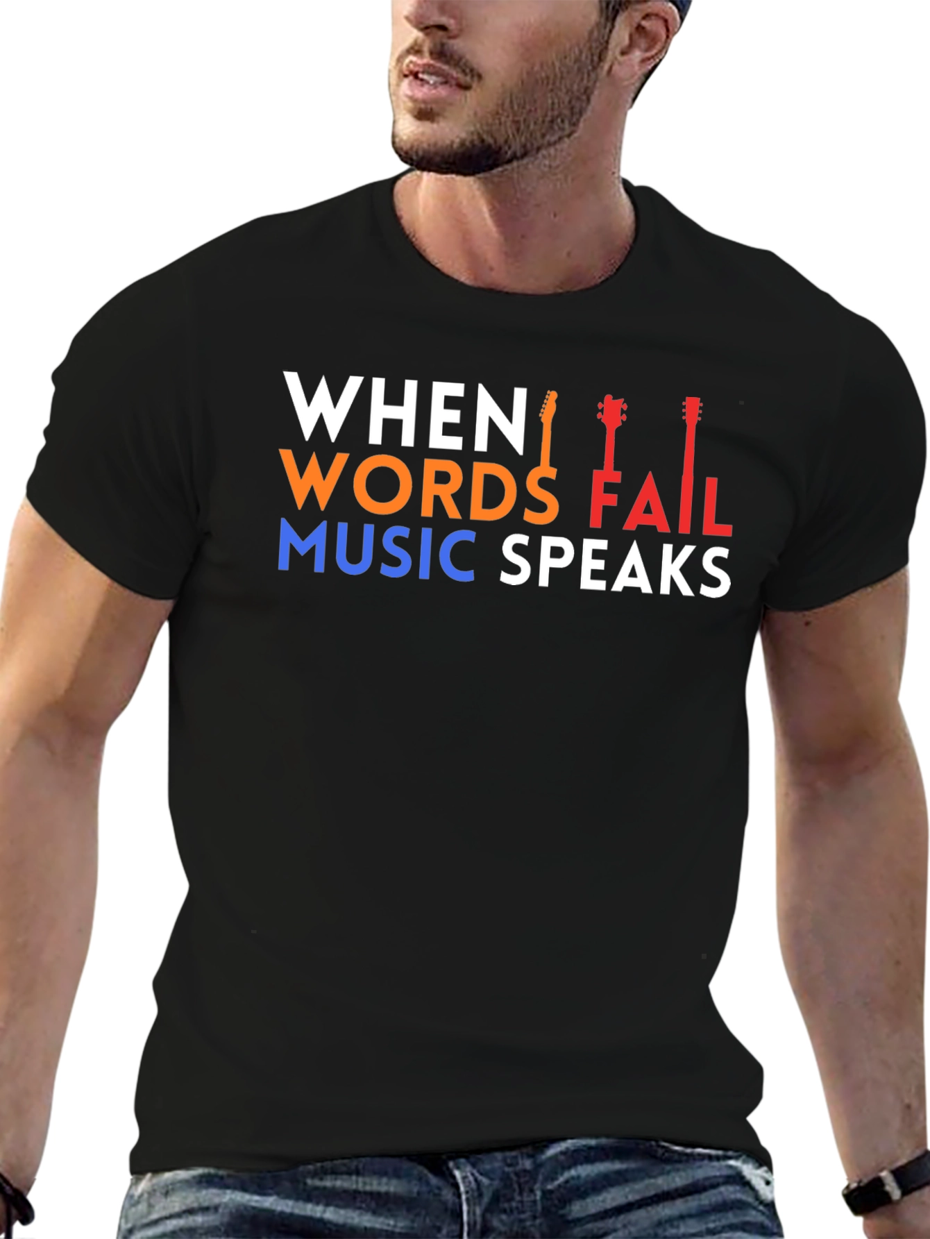 Black When Words Fail Music Speaks T-Shirt view 6