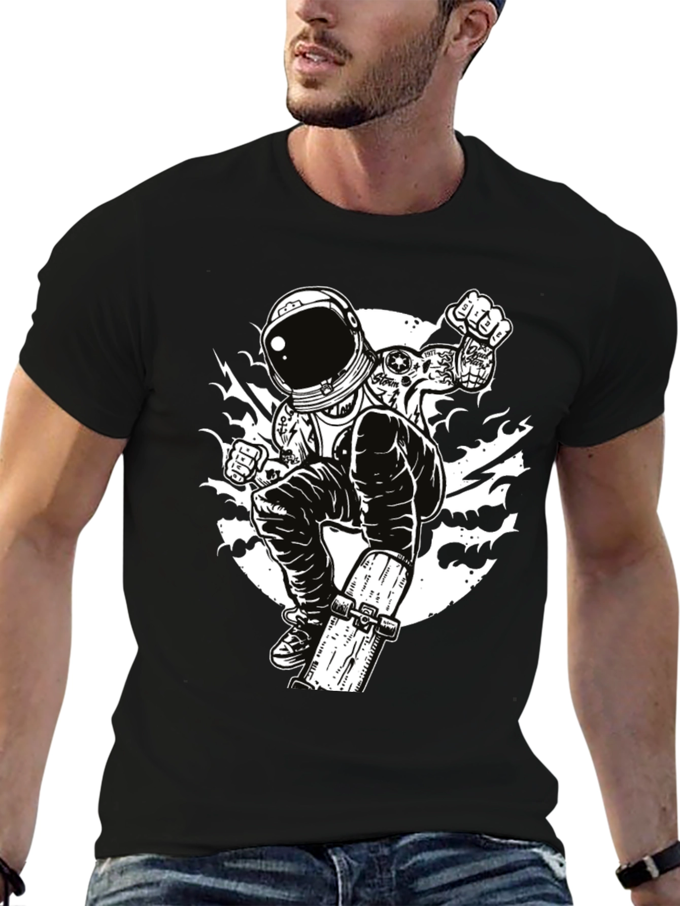 Black Astronaut Skateboarder Graphic Tee - Cool Black T-Shirt view 6