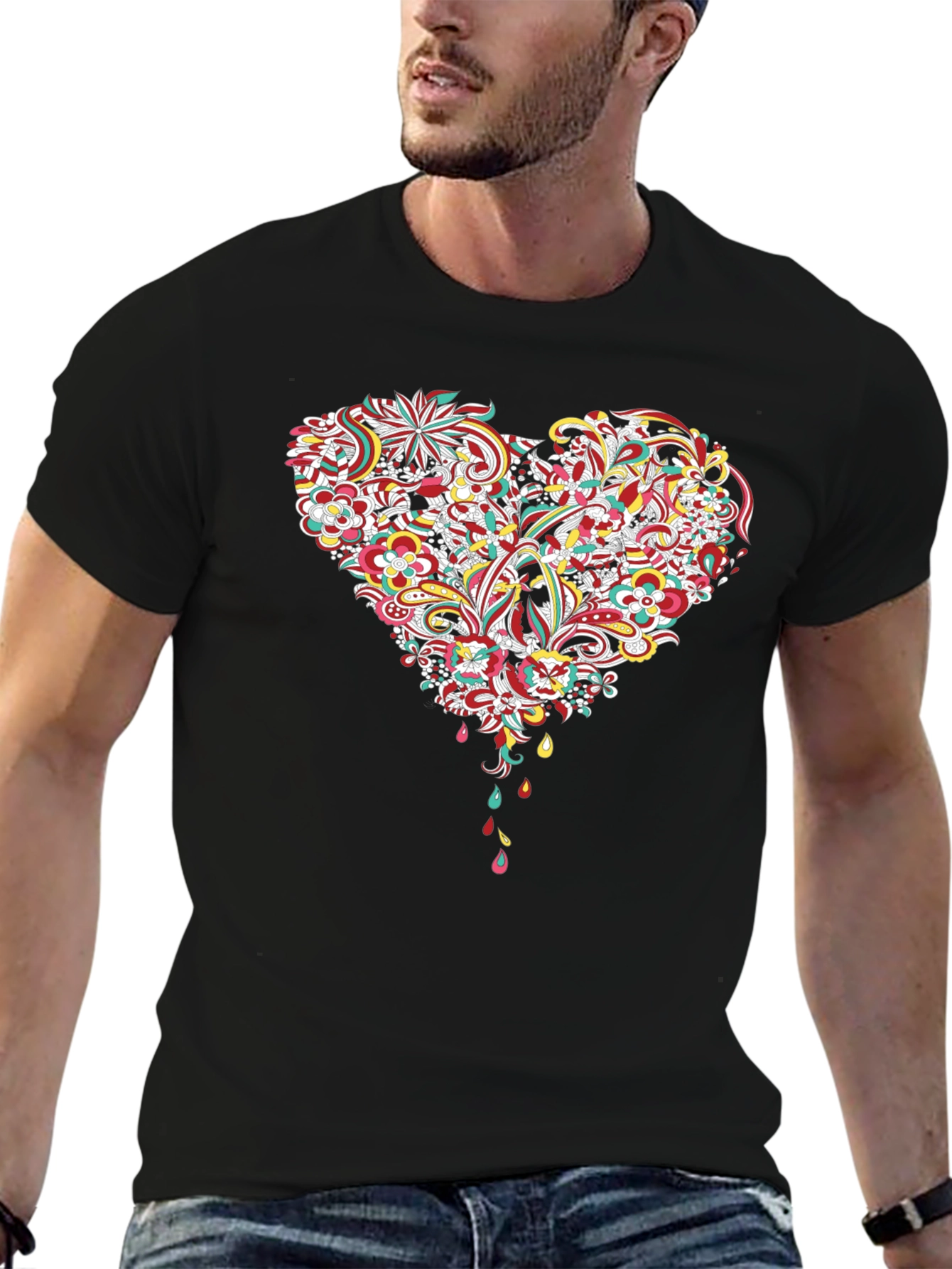 Black Floral Heart Graphic Tee - Black Cotton T-Shirt view 6