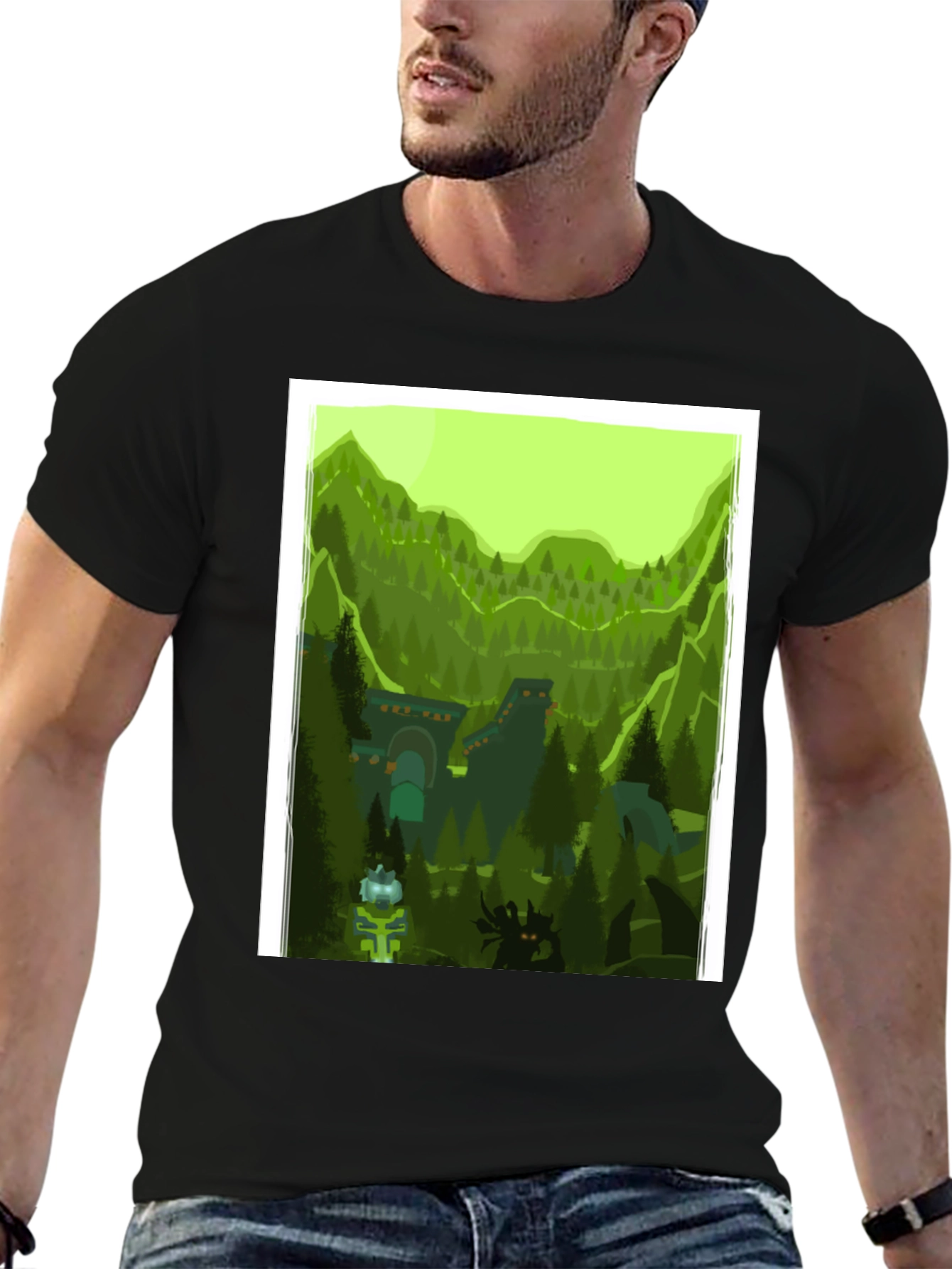 Black Forest Landscape Graphic Tee - Black Cotton T-Shirt view 6