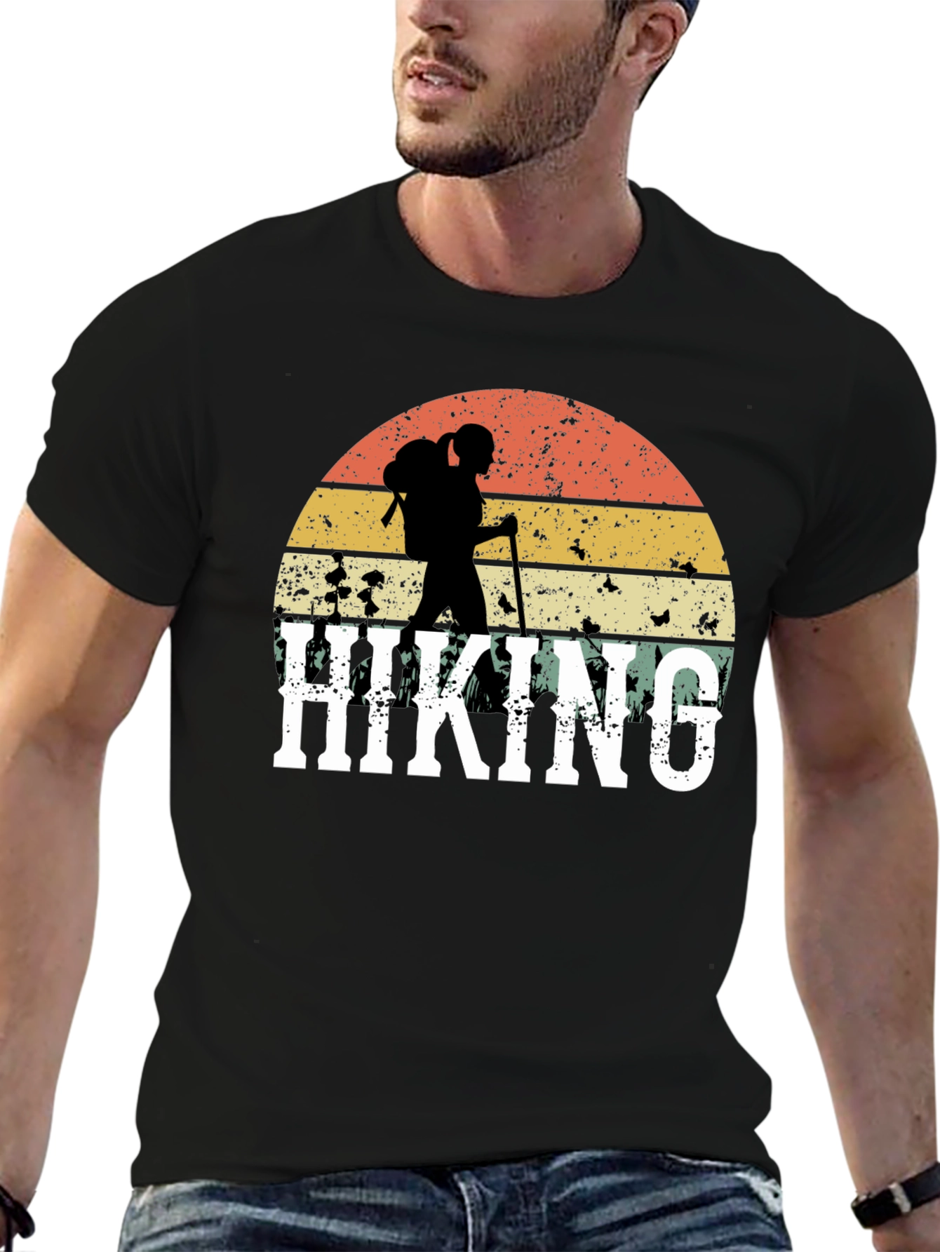 Black Hiking Graphic T-Shirt - Retro Sunset Design view 6