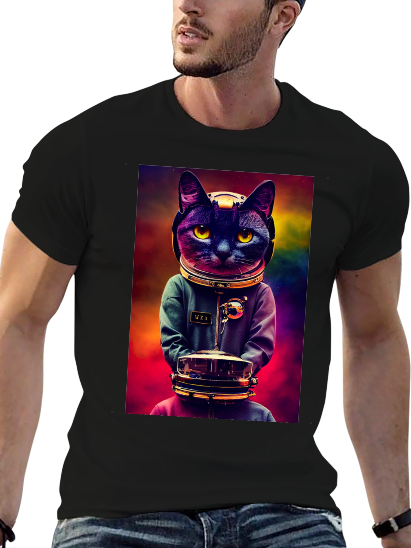 Black Astronaut Cat Graphic Tee - Space Kitten T-Shirt view 6