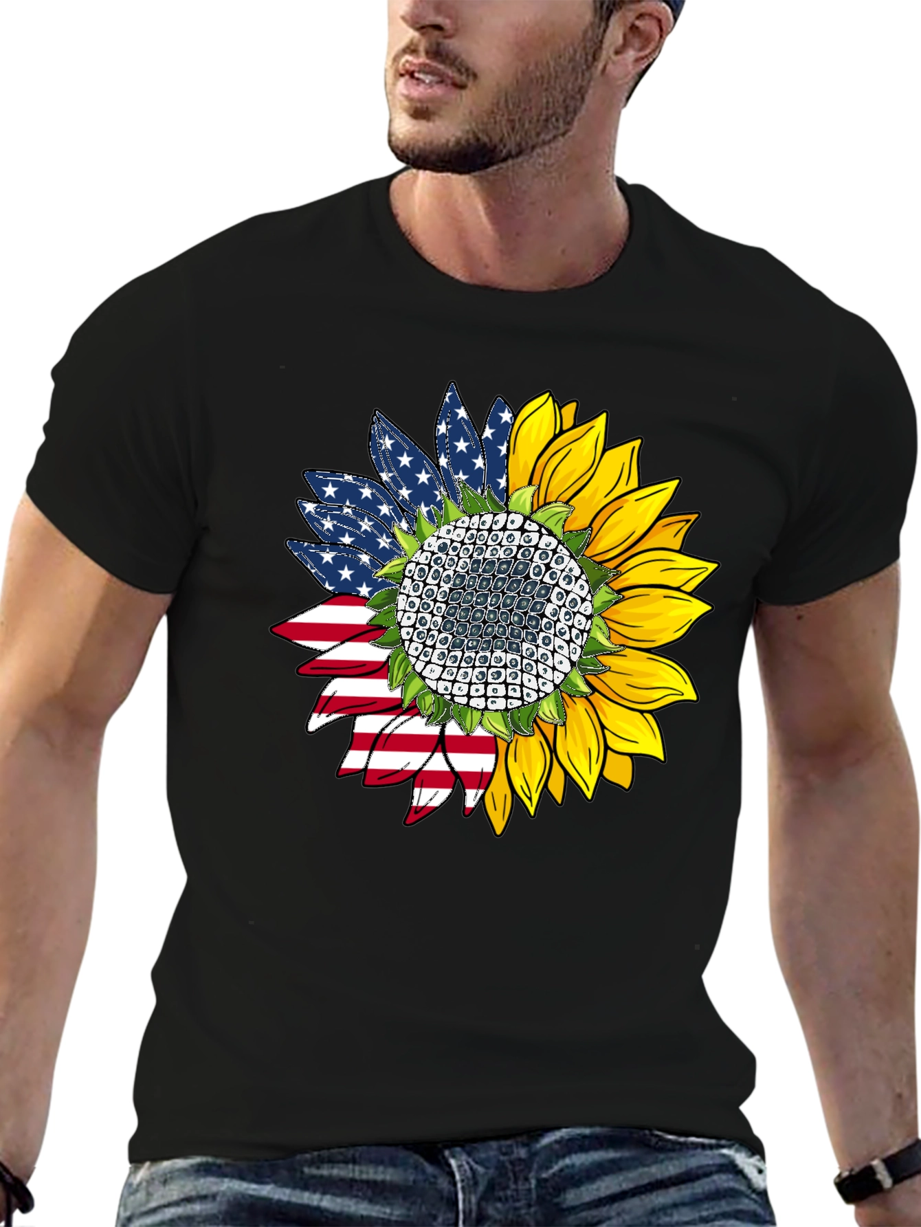 Black American Flag Sunflower Graphic Tee view 6