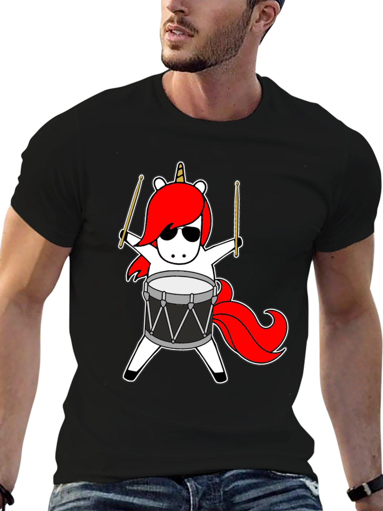 Black Unicorn Drummer T-Shirt - Cool Cartoon Design view 6