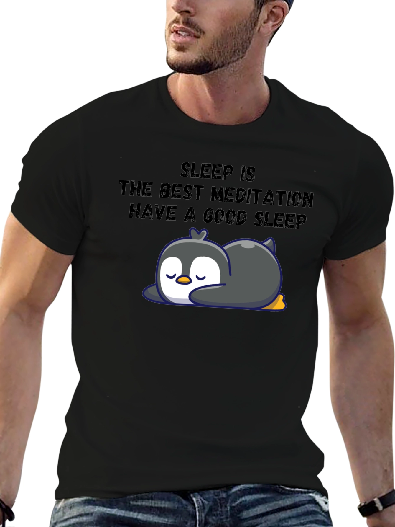 Black Sleep Meditation Penguin T-Shirt view 6