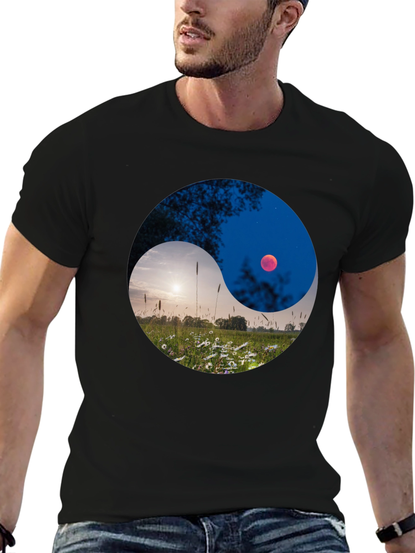 Black Yin Yang Landscape Graphic Tee view 6