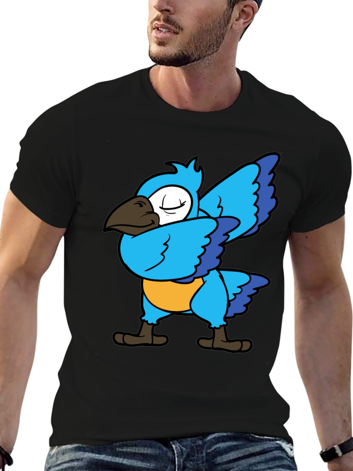 Black Dabbing Parrot T-Shirt - Blue Bird Dance Tee view 6
