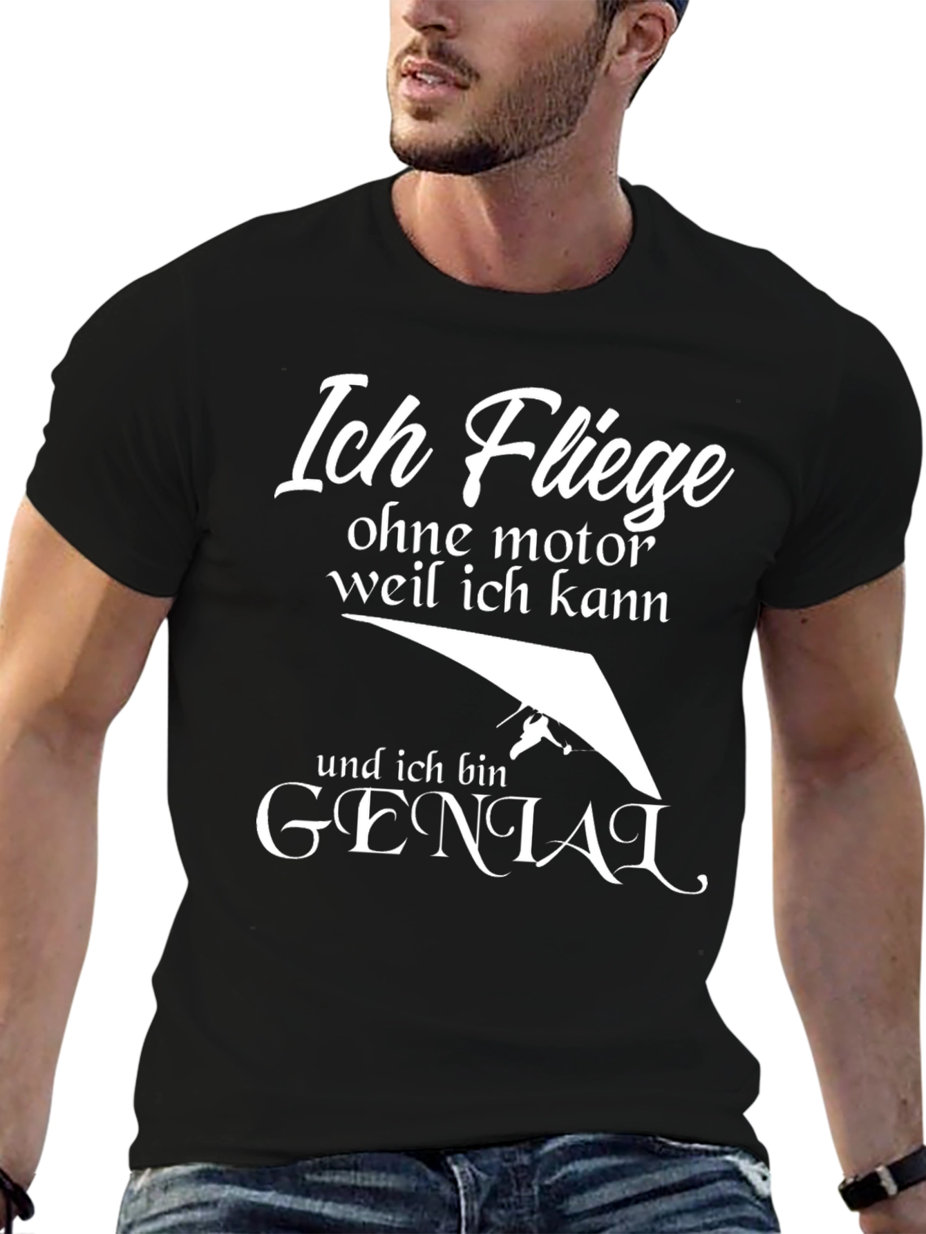 Black Ich Fliege T-Shirt - Hang Gliding German Humor view 6