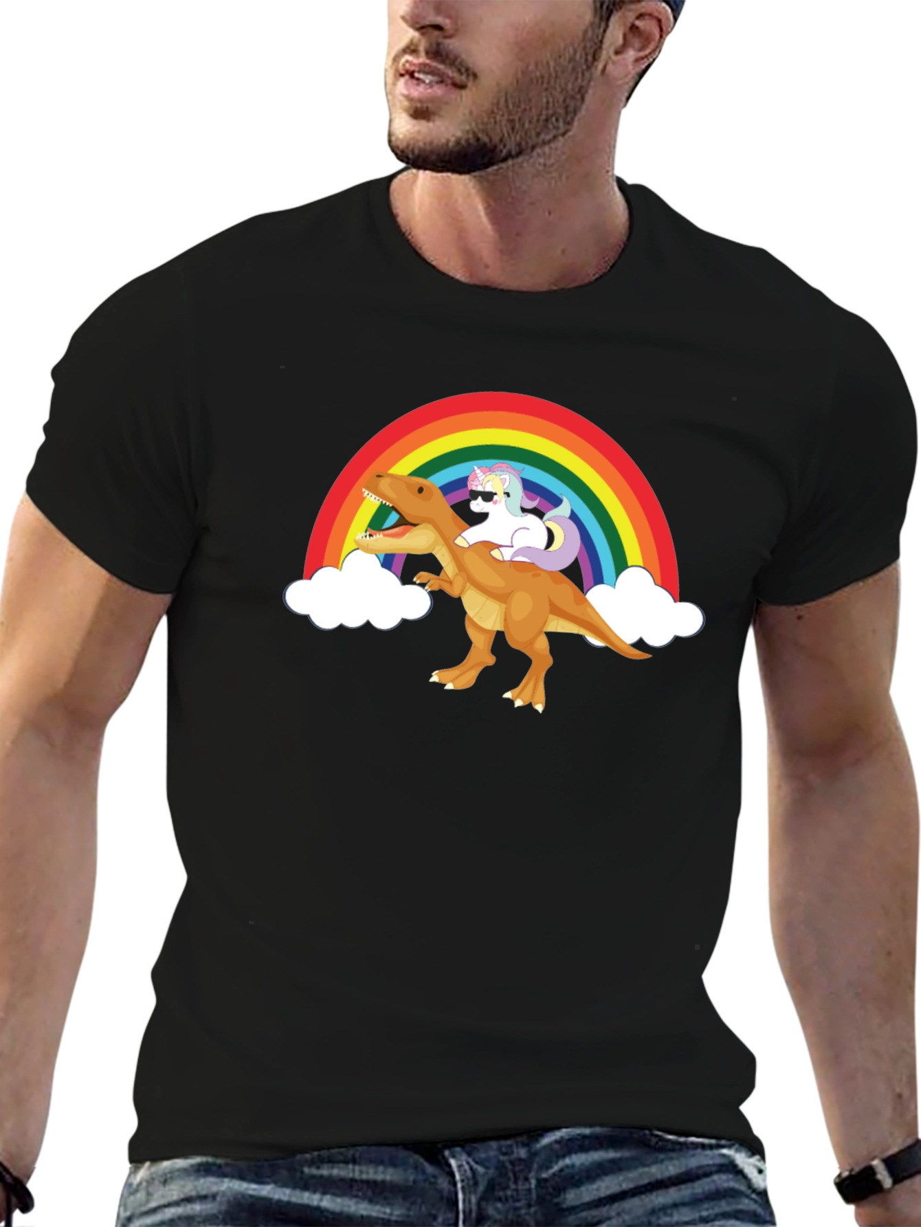 Black Rainbow Unicorn Riding Dinosaur Graphic Tee view 6