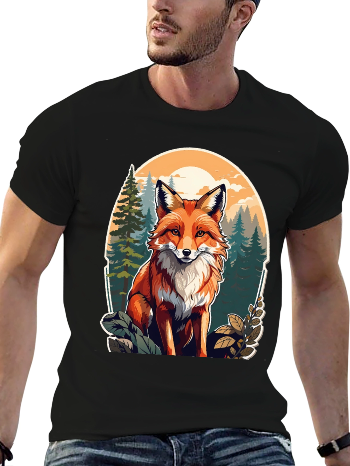 Black Fox Graphic Tee - Forest Scene Black T-Shirt view 6
