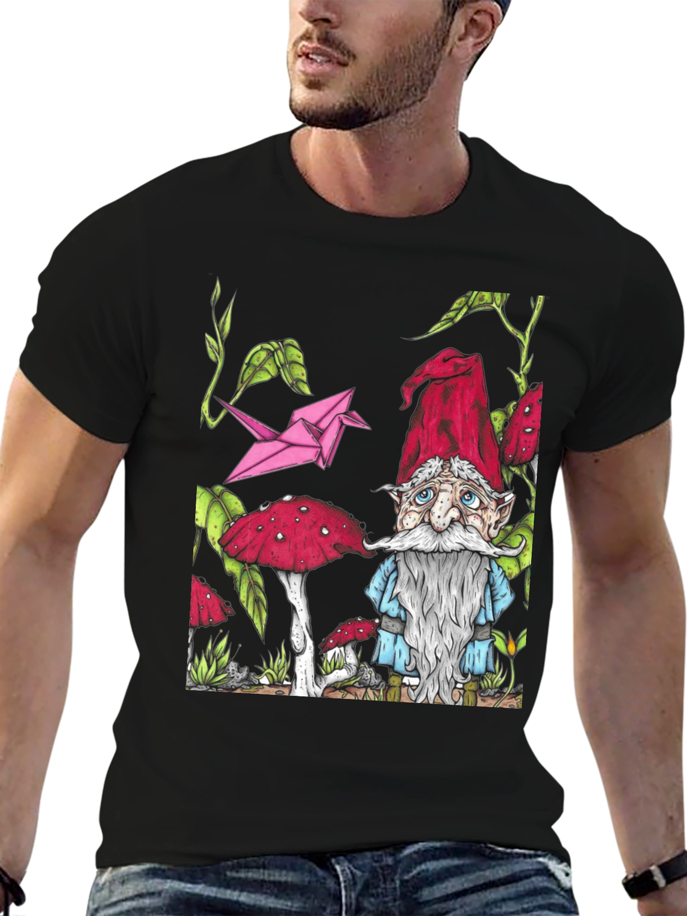 Black Gnome & Mushroom T-Shirt - Unique Graphic Tee view 6