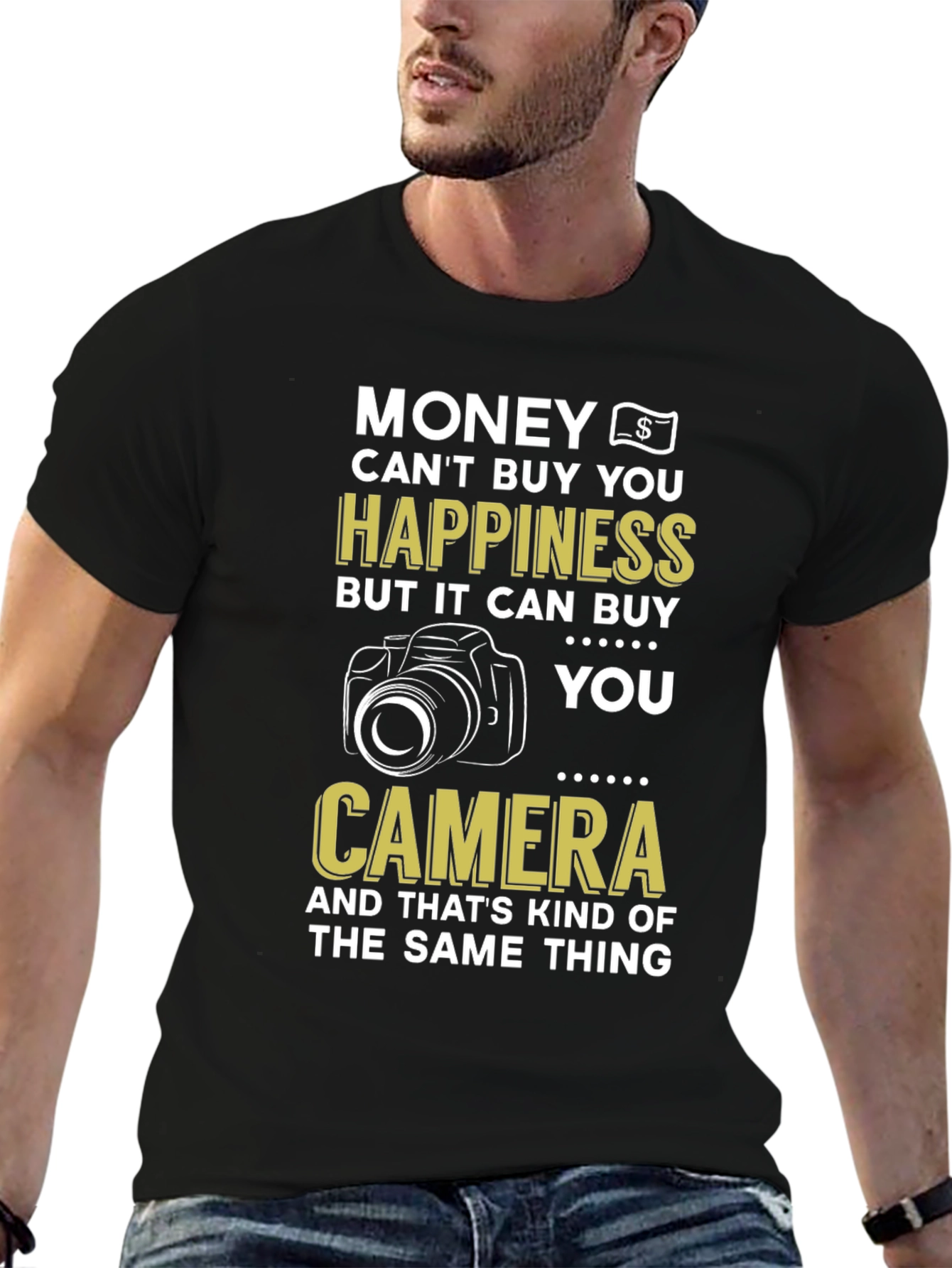 Black Funny Photography T-Shirt, Money Can't Buy Happiness Camera Tee view 6