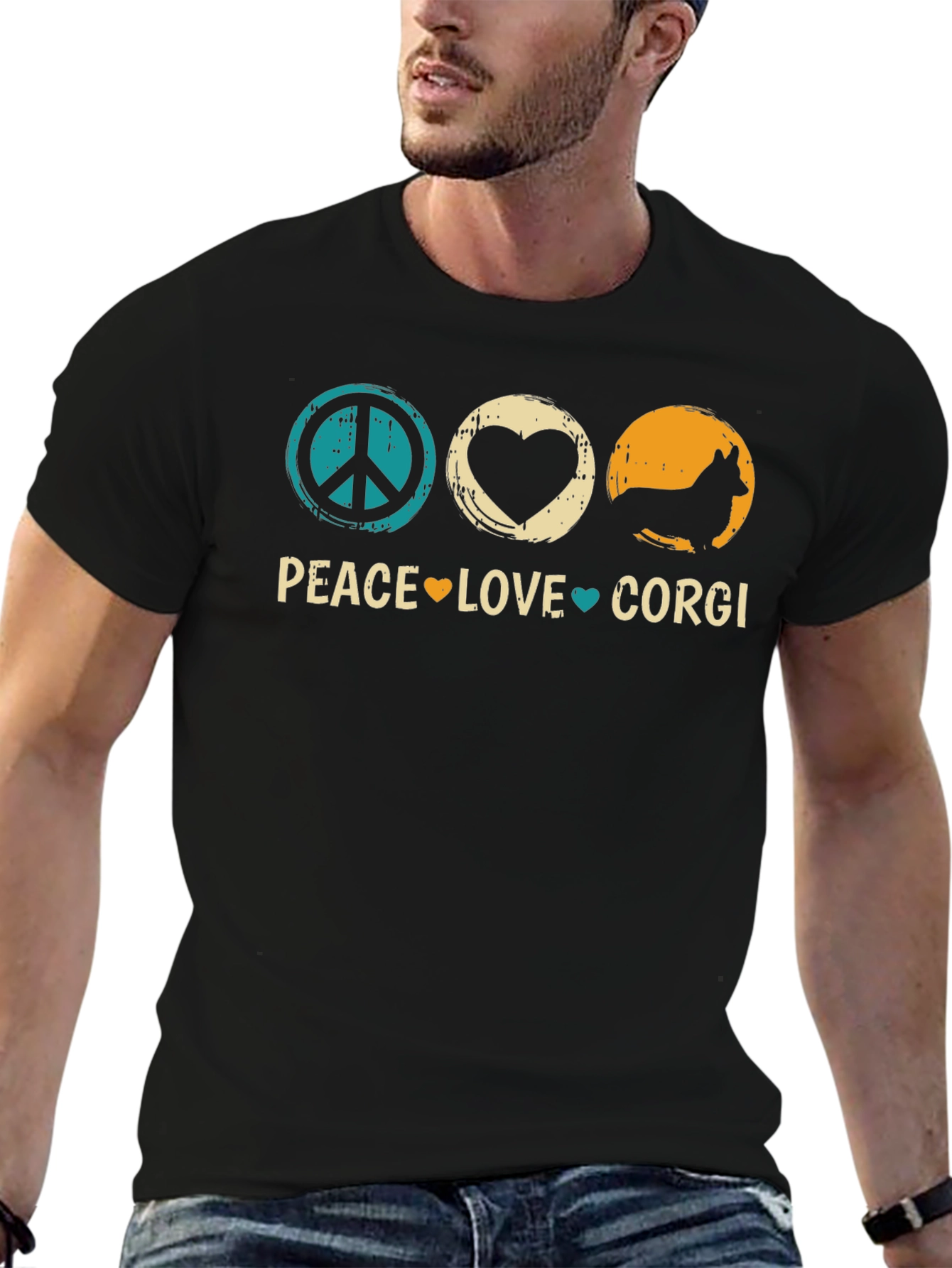 Black Peace Love Corgi T-Shirt - Unisex Cotton Tee view 6