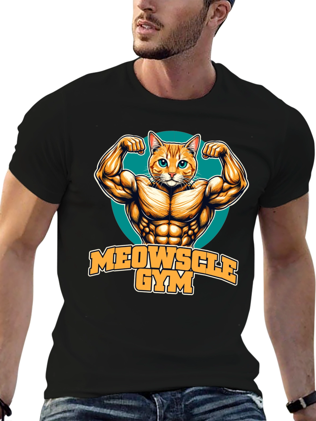 Black Meowscle Gym Black T-Shirt - Muscle Cat Design view 6