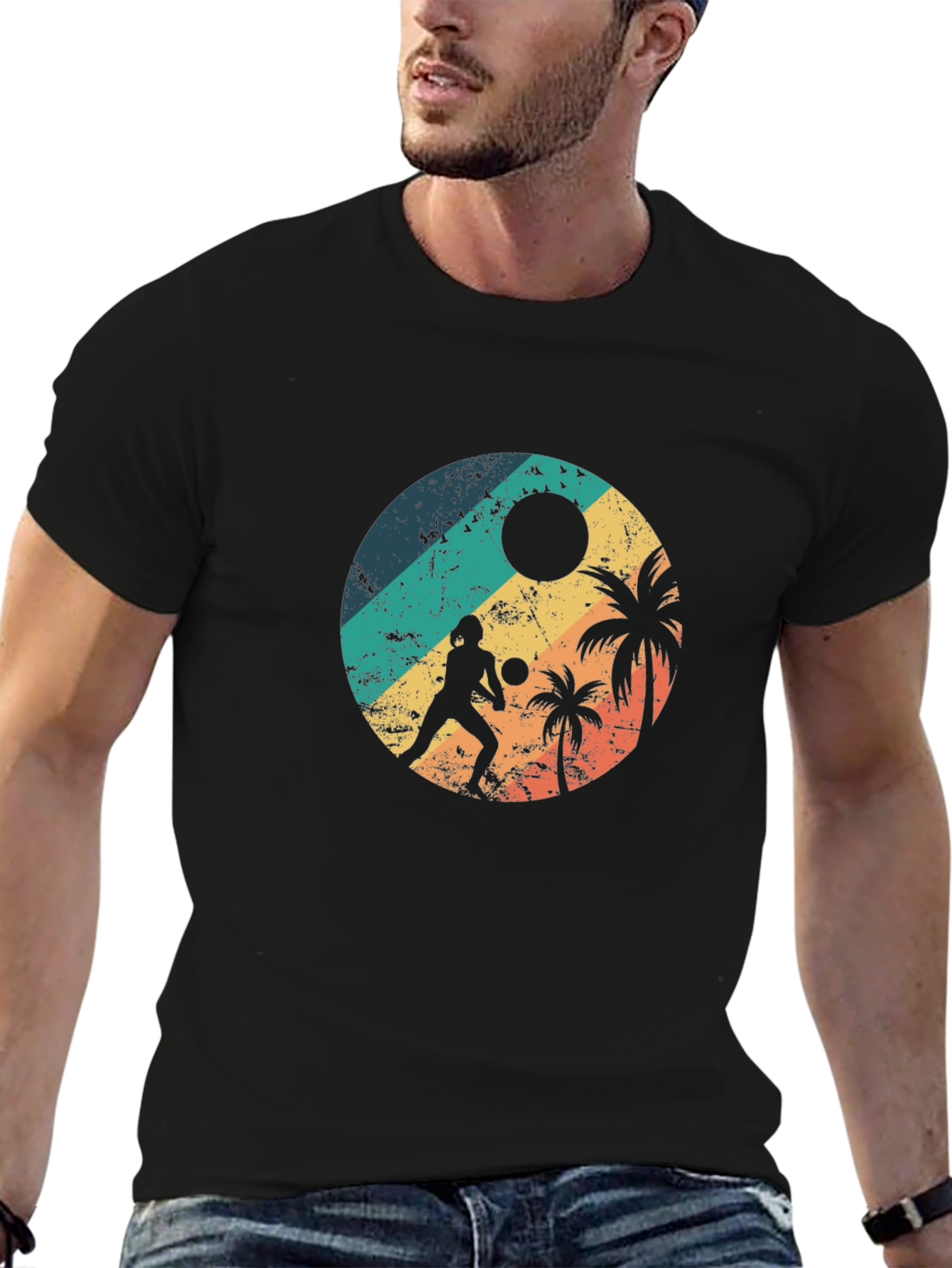 Black Retro Beach Volleyball T-Shirt view 6