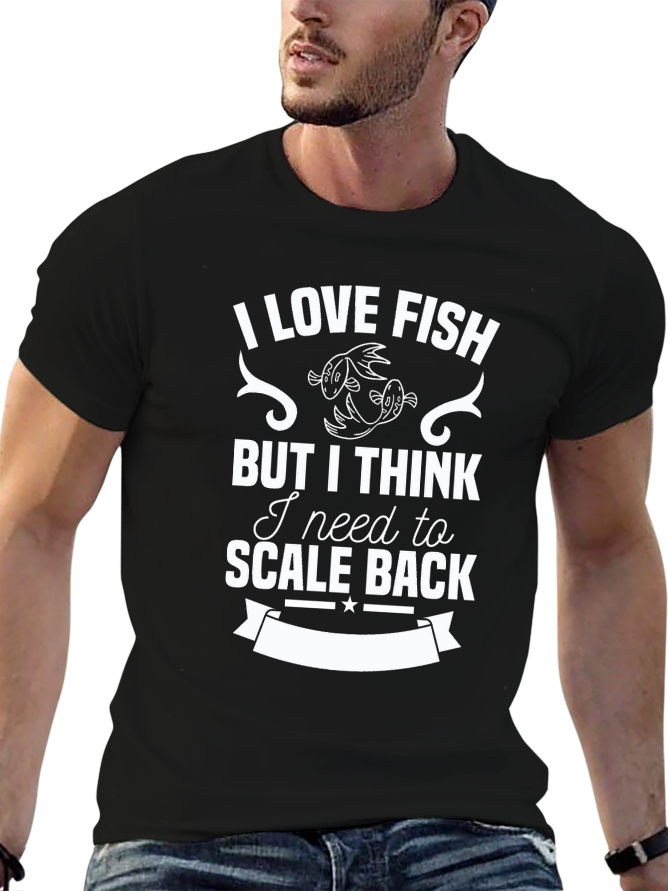 Black I Love Fish T-Shirt - Need to Scale Back, Funny Fishing Tee view 6