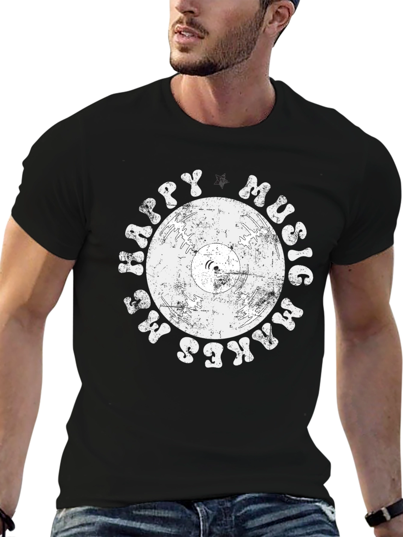 Black Retro Vinyl Music T-Shirt: Happy Music Makes Me Happy! view 6
