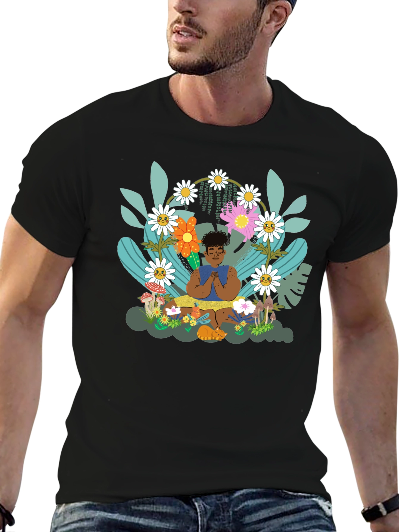 Black Zen Garden T-Shirt - Meditating Figure with Floral Design view 6