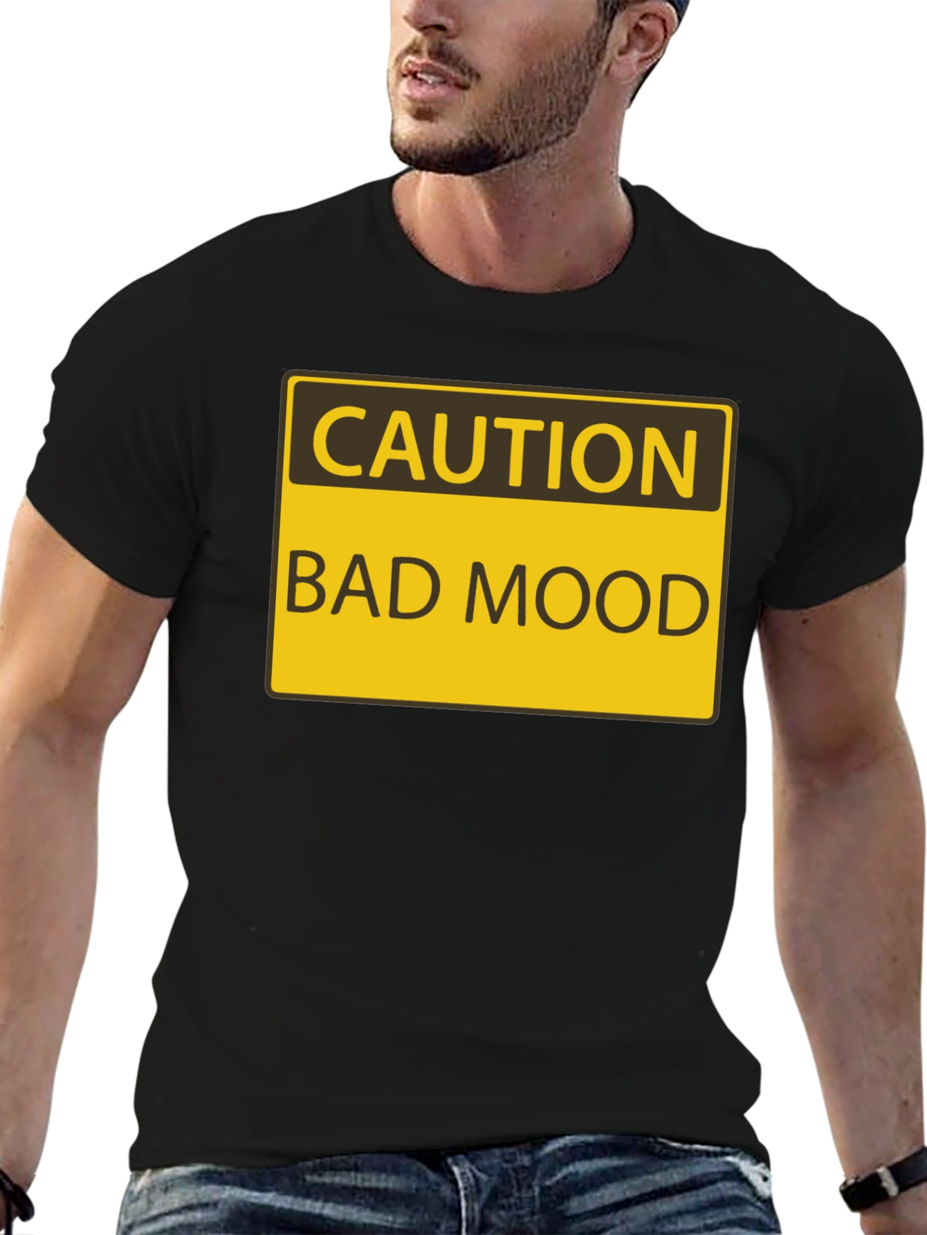 Black Caution Bad Mood Funny Graphic T-Shirt view 6