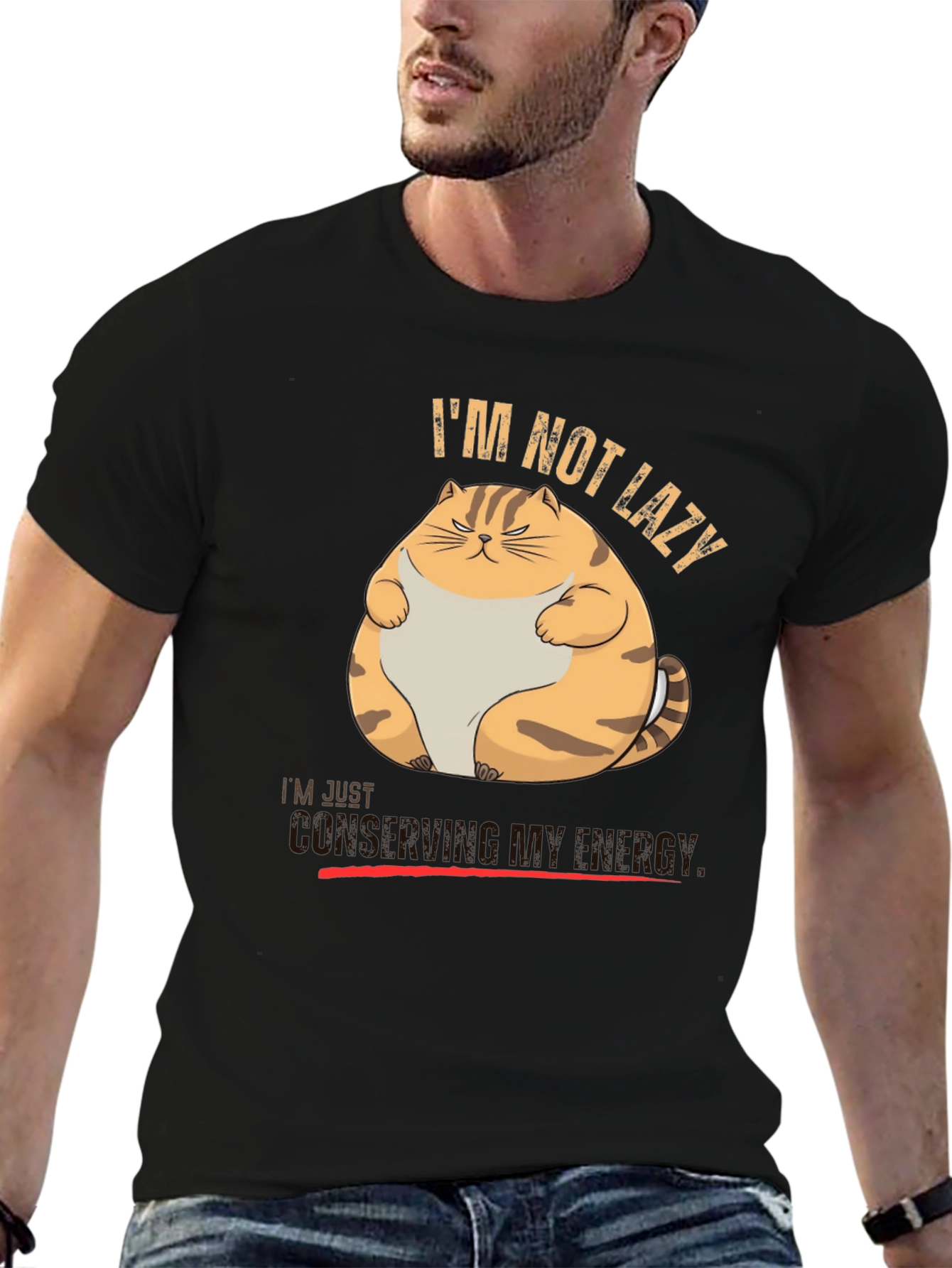 Black I'm Not Lazy Funny Cat T-Shirt view 6
