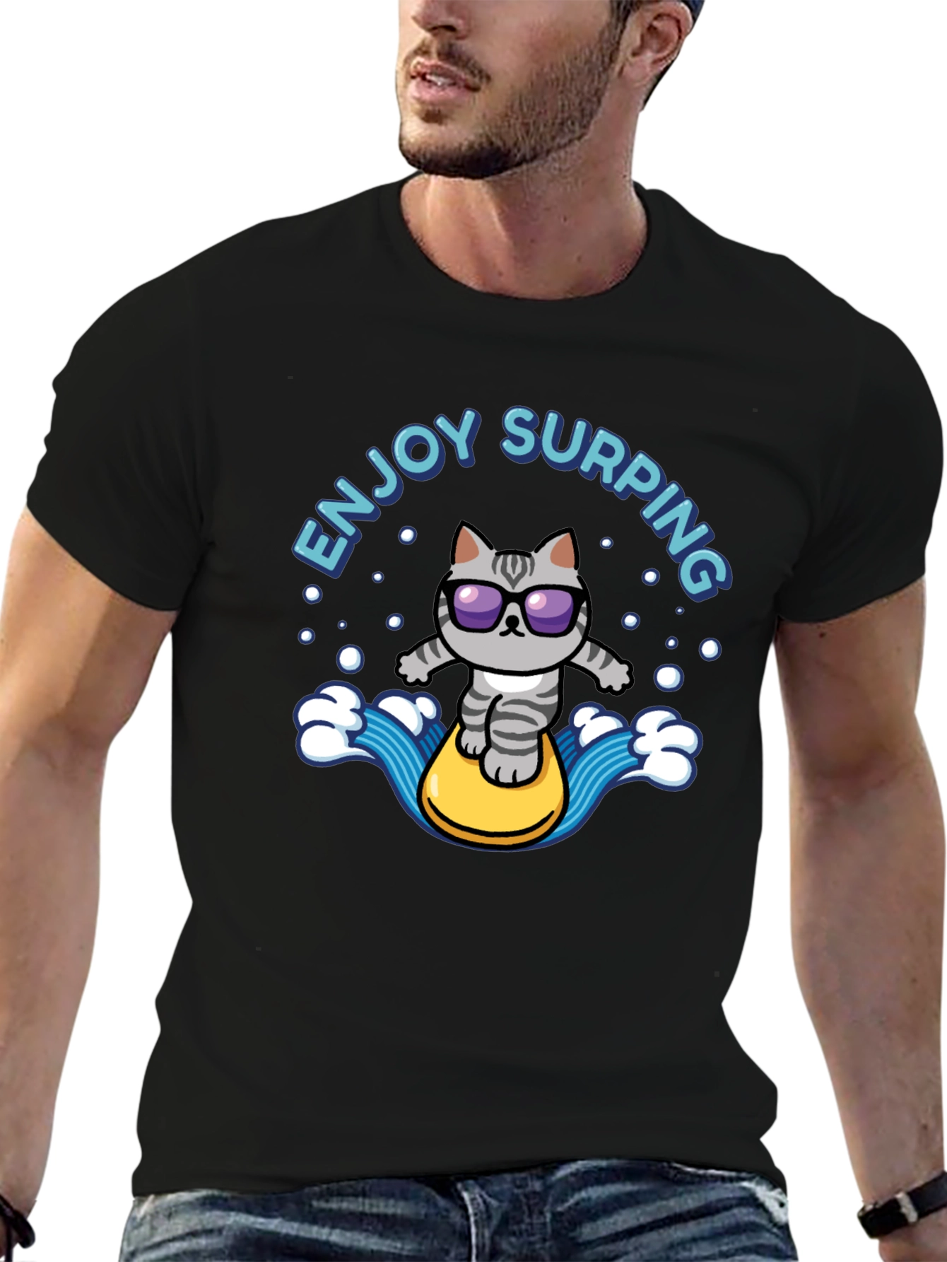 Black Enjoy Surfing Cat T-Shirt - Cool Black Tee view 6