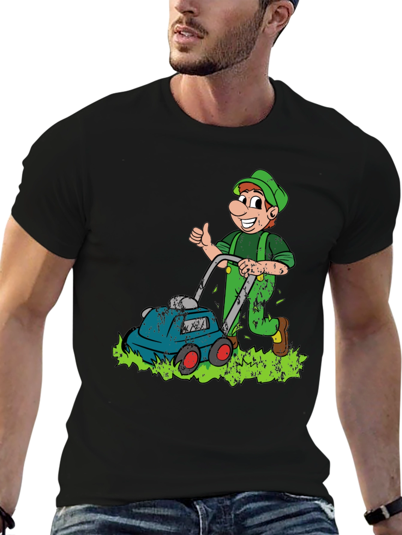Black Funny Lawn Mower Cartoon Graphic T-Shirt view 6