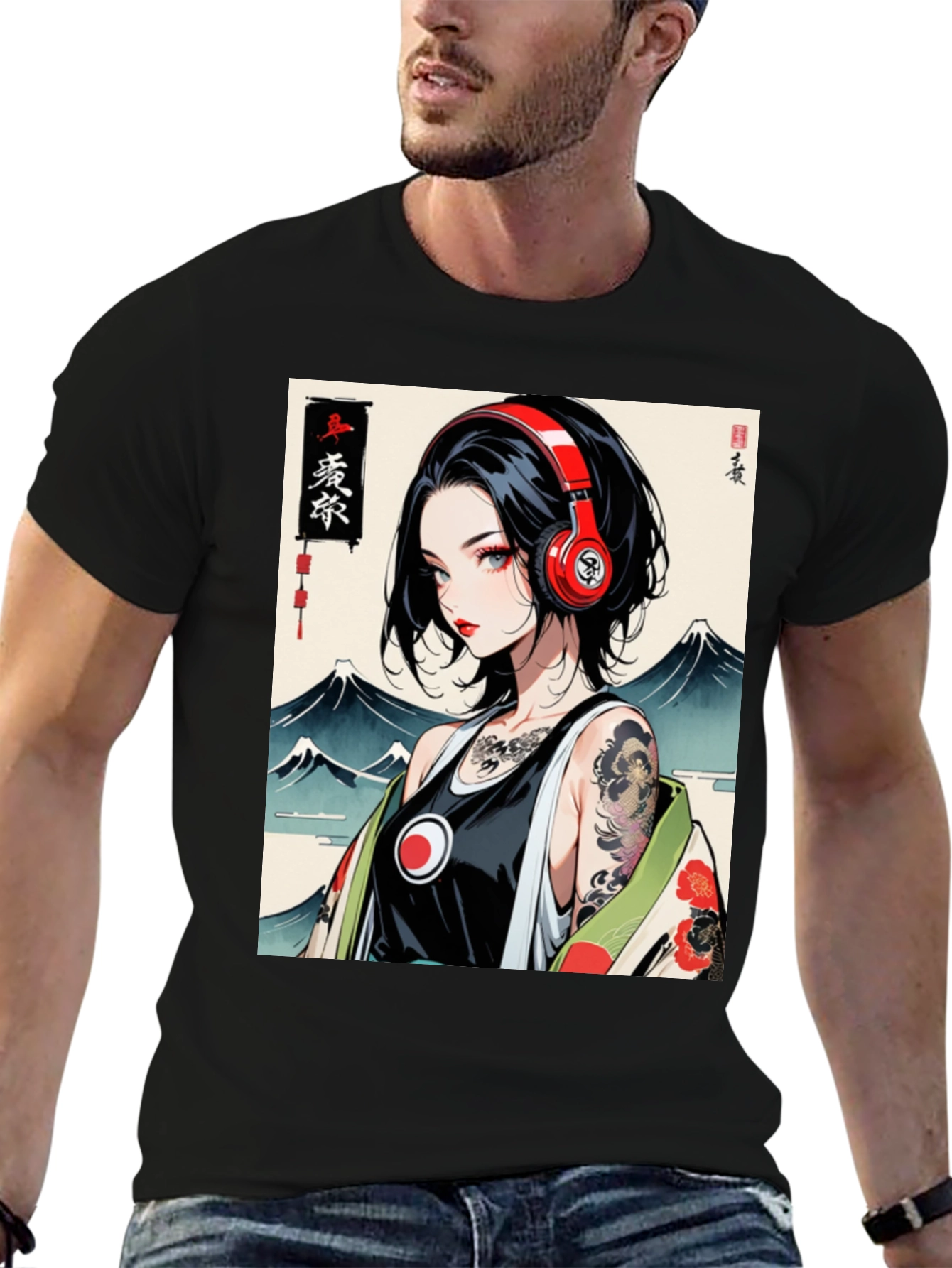 Black Anime Girl Headphones Graphic Black T-Shirt view 6