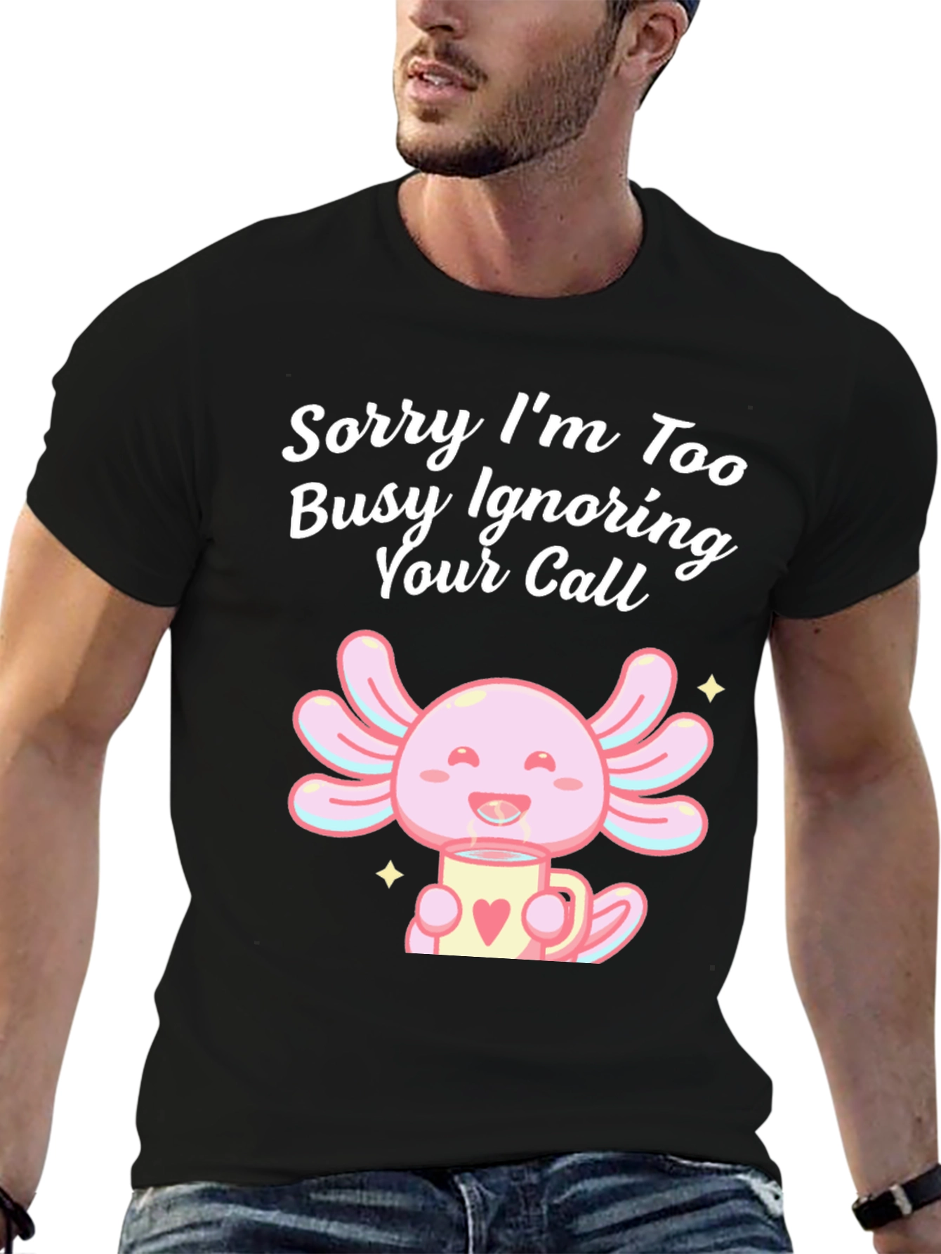 Black Ignoring Call Axolotl Black T-Shirt view 6