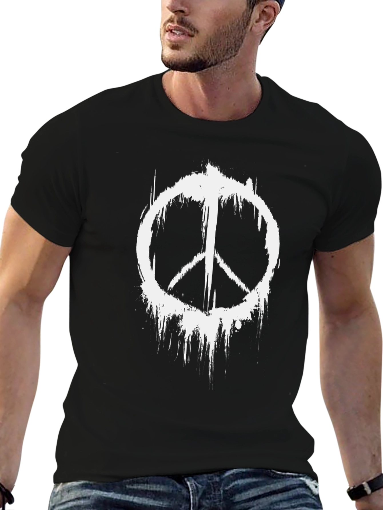 Black Distressed Peace Sign Black Graphic T-Shirt view 6