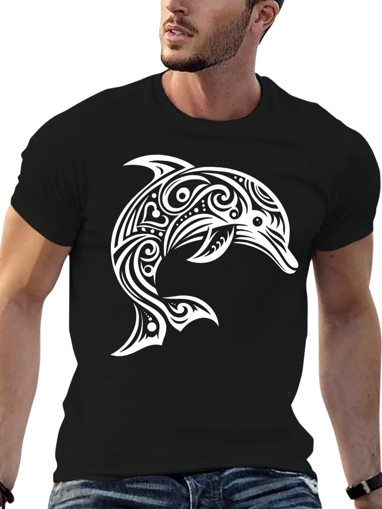 Black Tribal Dolphin Graphic Tee - Black Casual Shirt view 6