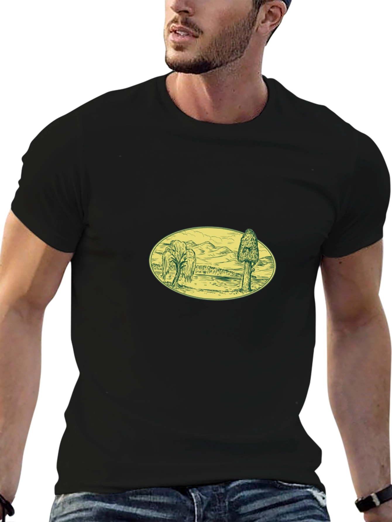 Black Black T-Shirt with Landscape Oval Print view 6