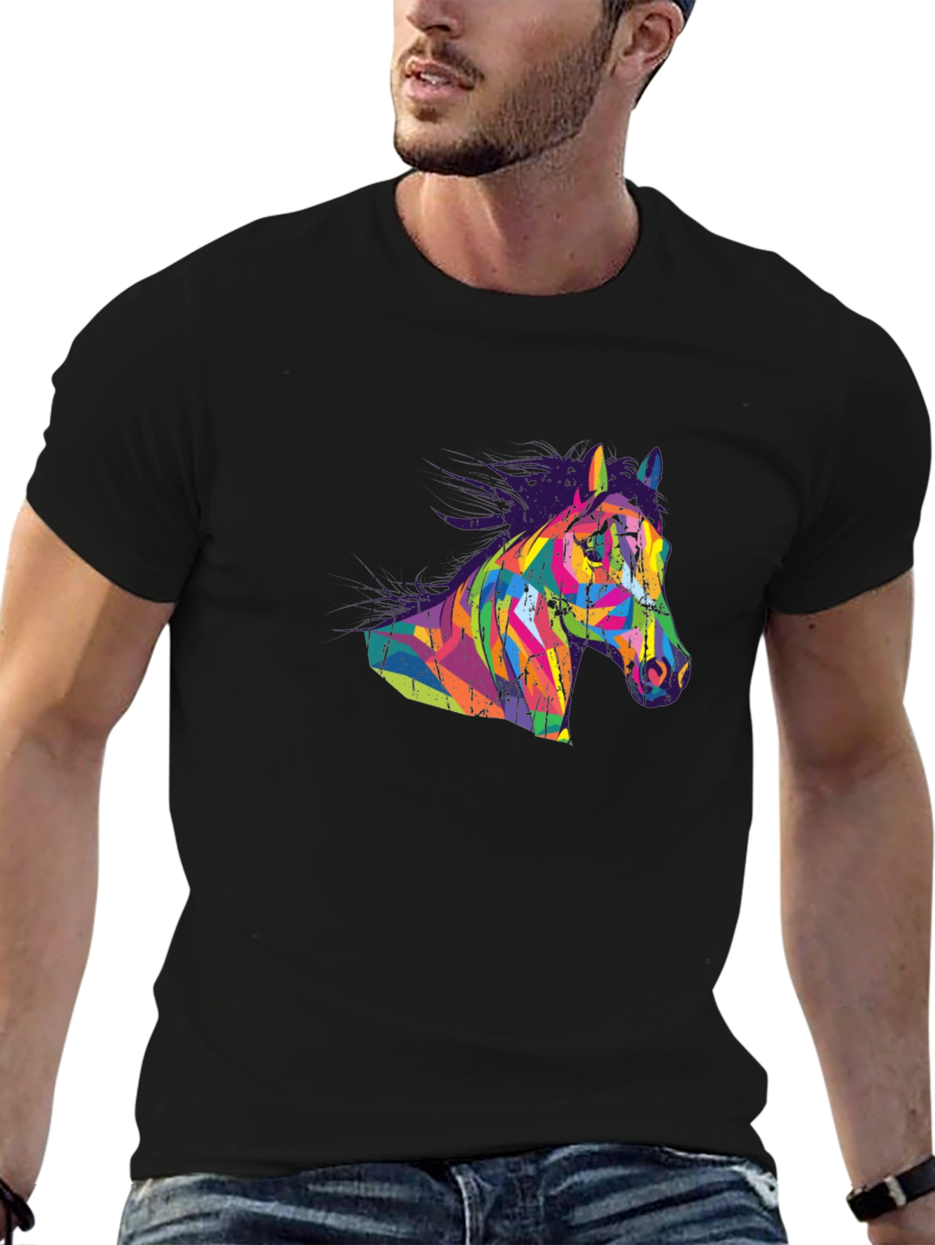 Black Abstract Horse Graphic Tee - Men's Black T-Shirt view 6