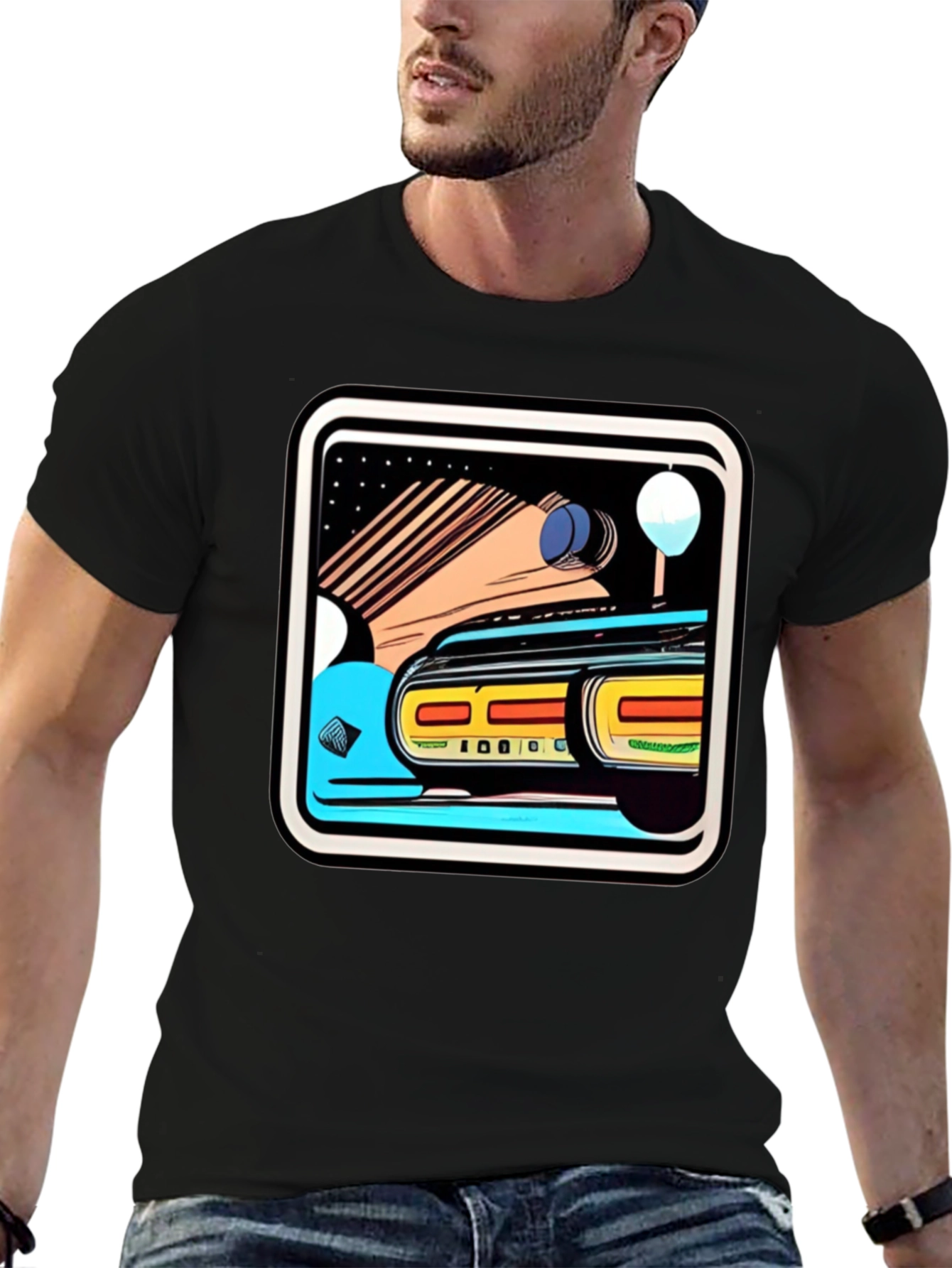 Black Retro Style Car Graphic Tee - Black Cotton Blend view 6