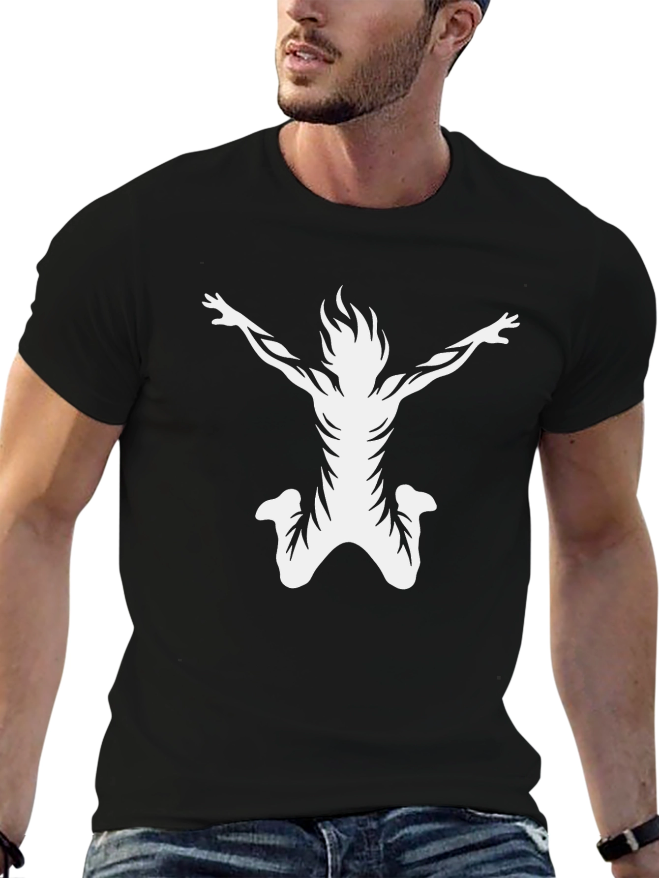 Black Men's Black T-Shirt with White Abstract Design view 6