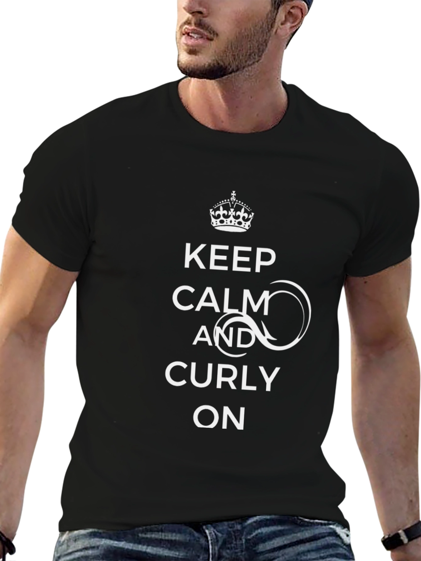 Black Keep Calm & Curly On Black T-Shirt view 6