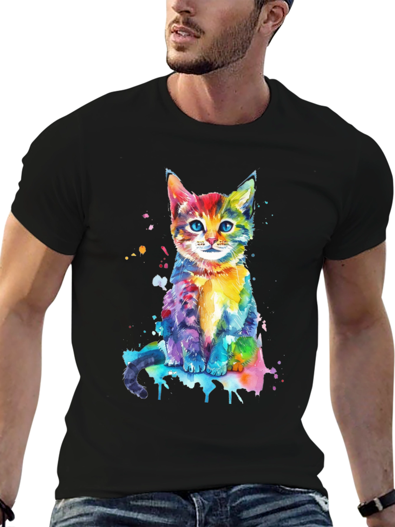 Black Watercolor Cat Graphic Tee - Vibrant Colorful Kitten Shirt view 6