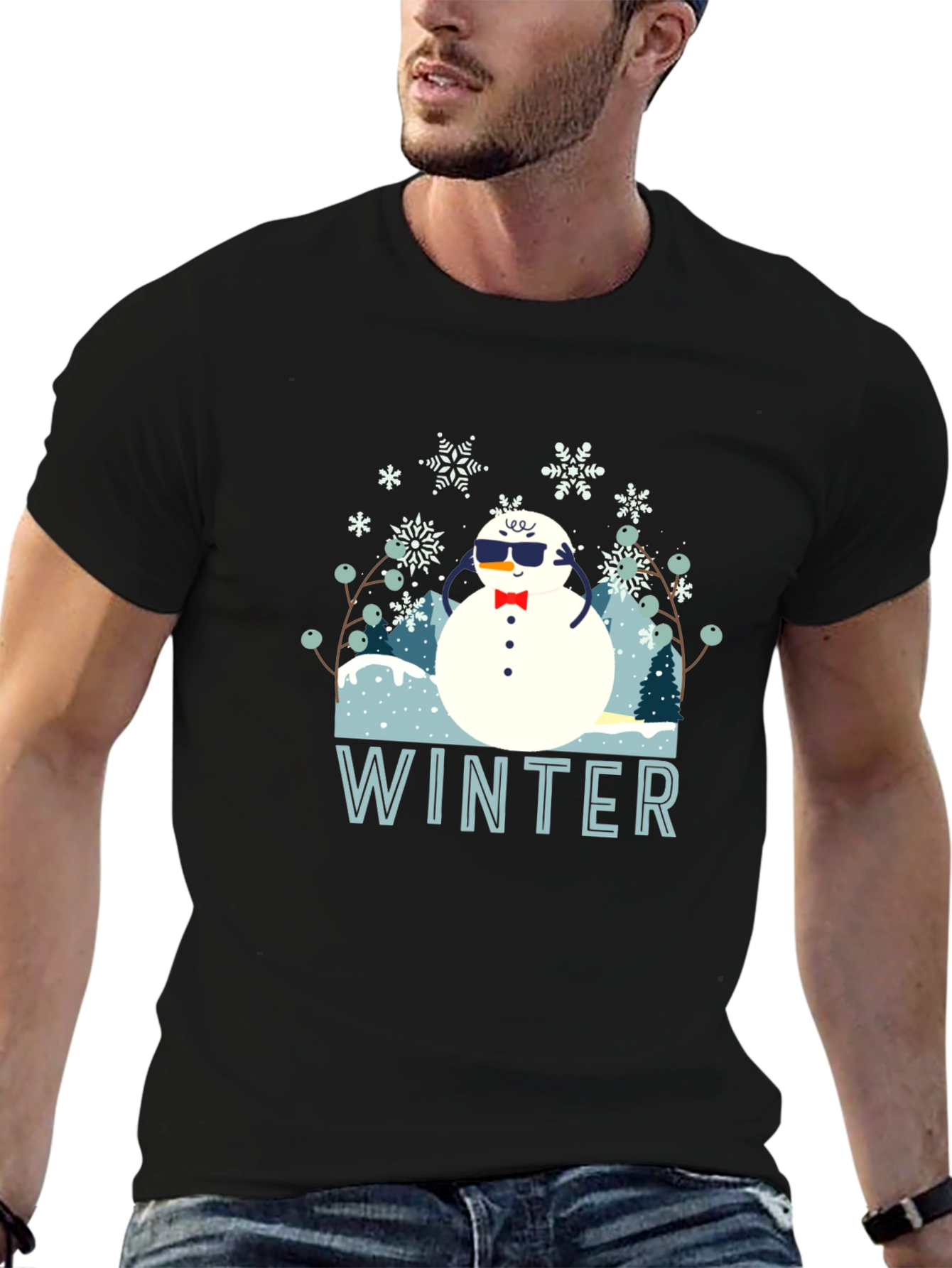 Black Cool Winter Snowman T-Shirt view 6