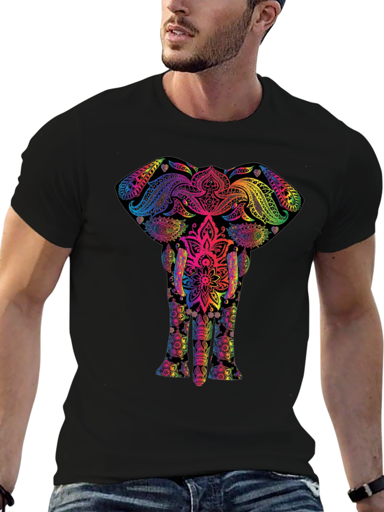 Black Vibrant Elephant Mandala T-Shirt - Unique Graphic Tee view 6