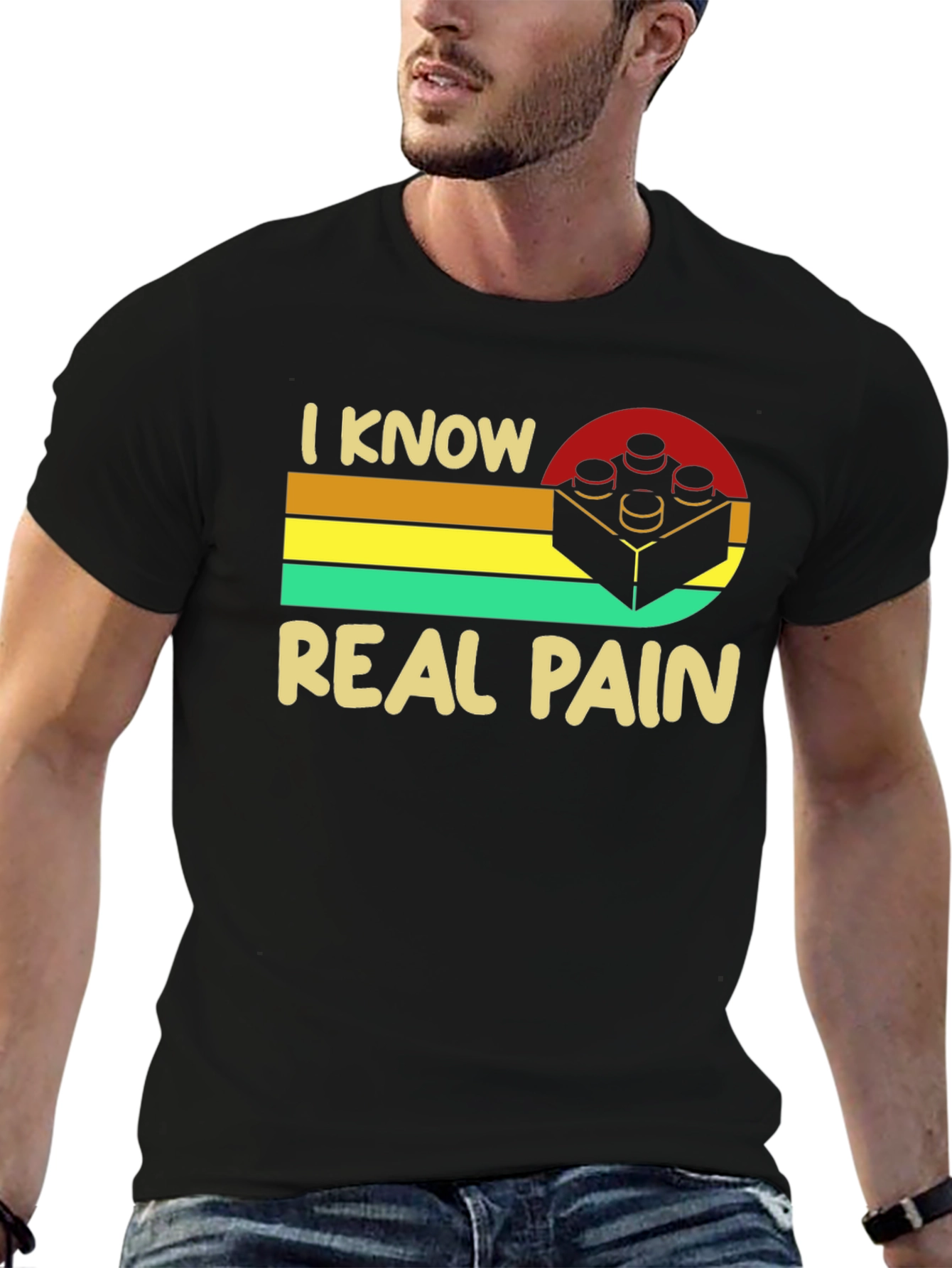 Black I Know Real Pain Funny Brick T-Shirt view 6