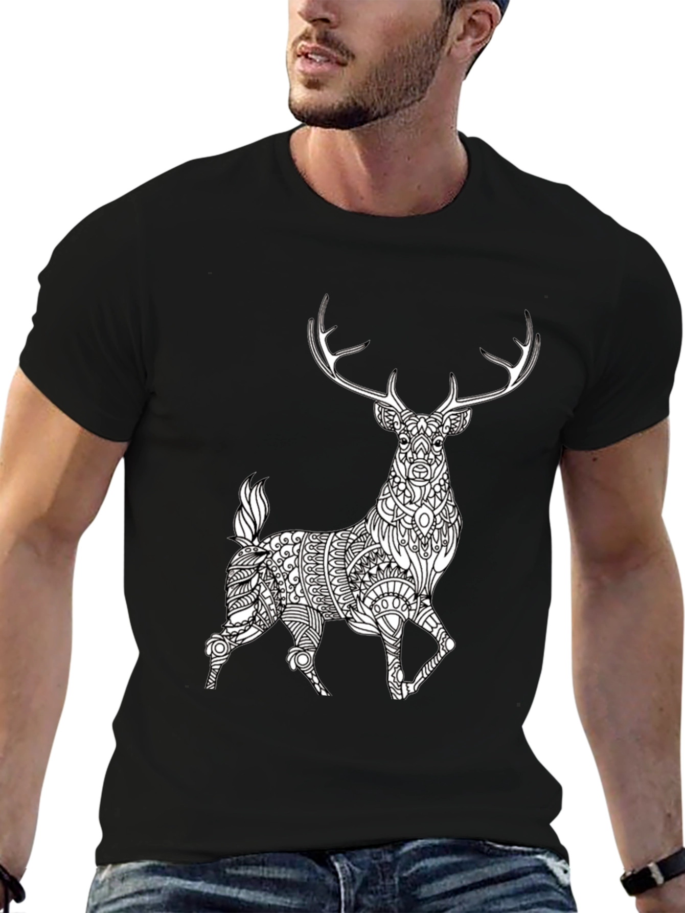 Black Geometric Deer Graphic Tee - Black Cotton Blend view 6