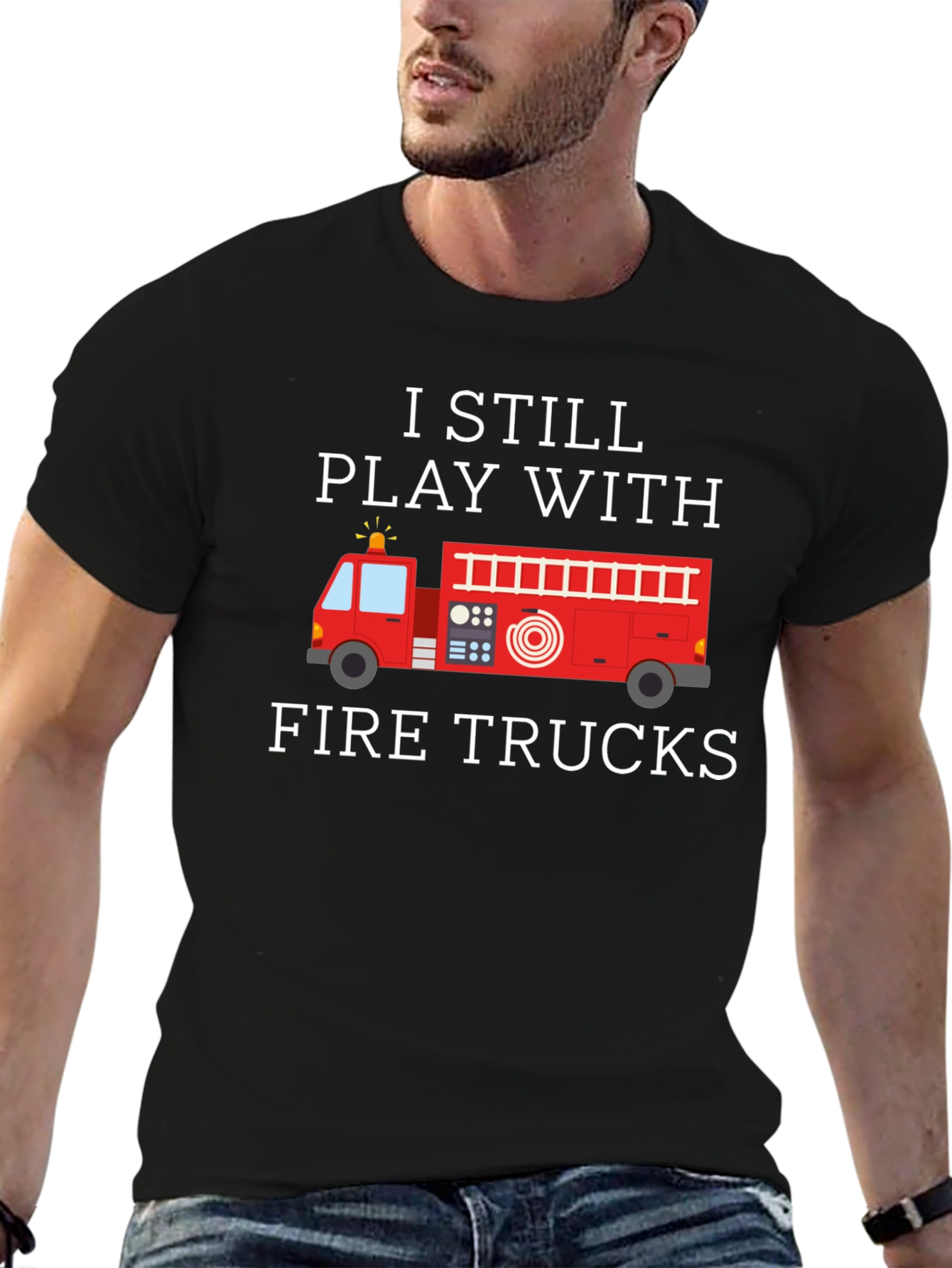 Black I Still Play With Fire Trucks Graphic T-Shirt view 6