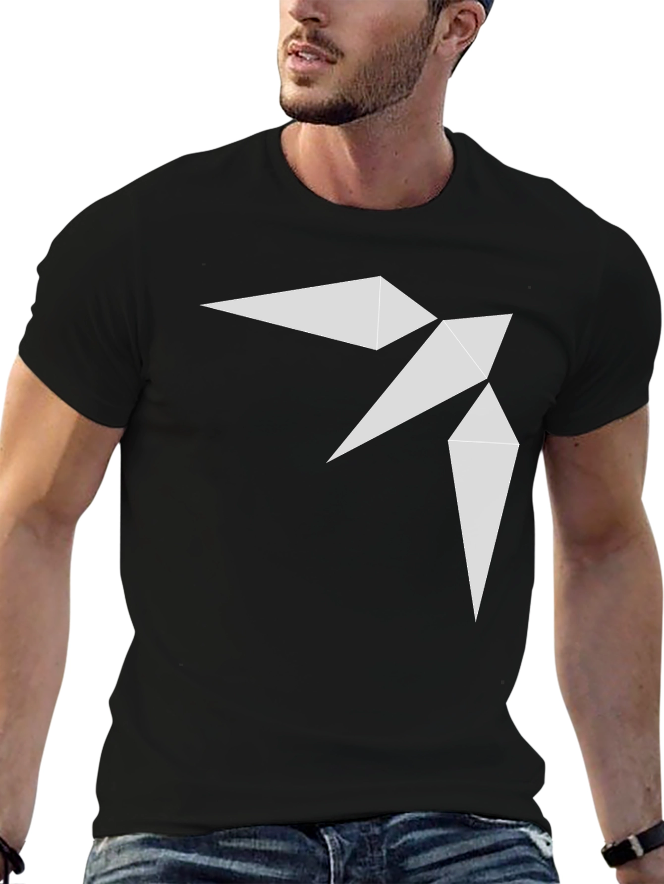 Black Geometric Bird Print Black T-Shirt view 6