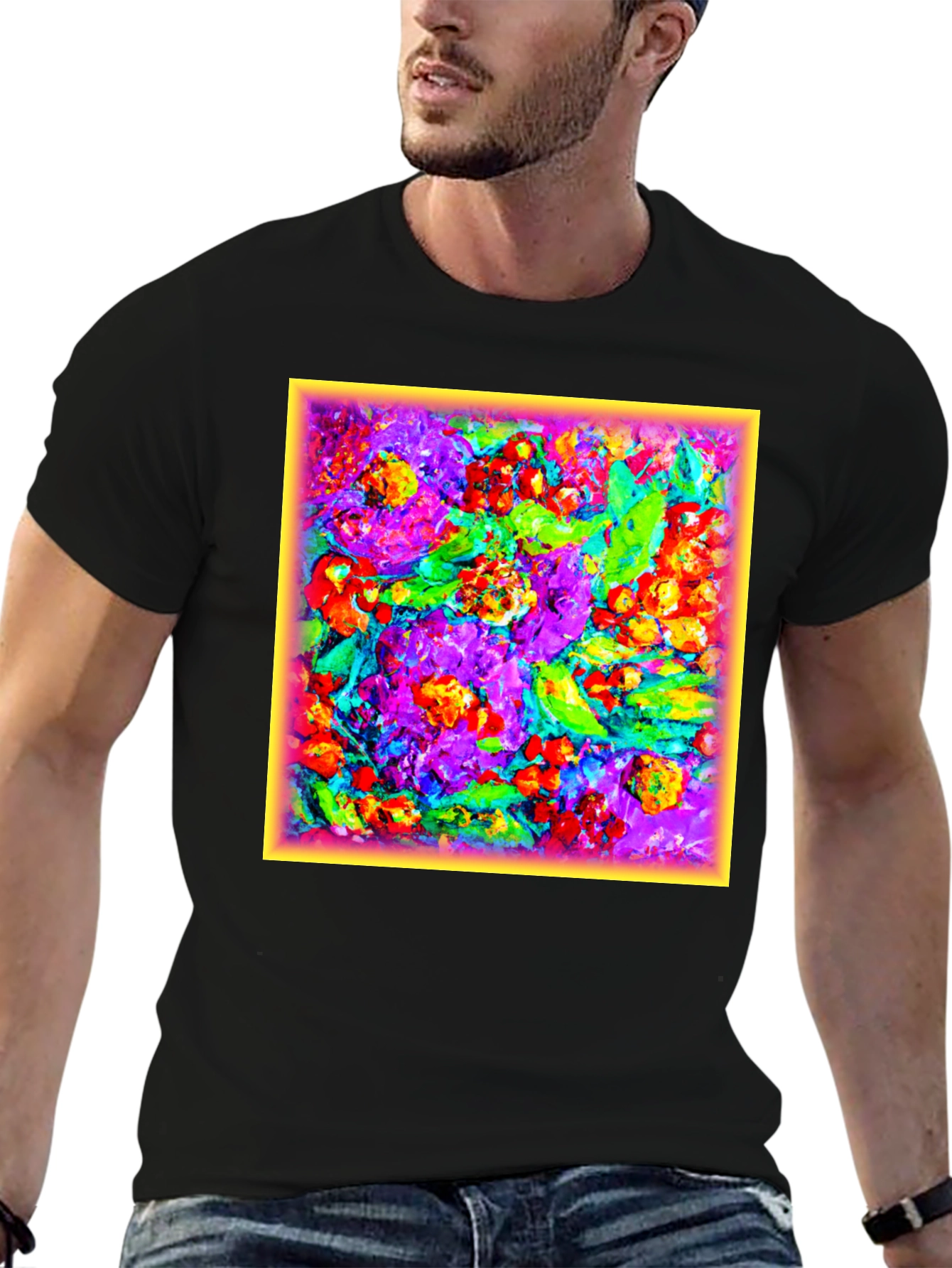 Black Floral Art Print Black T-Shirt view 6