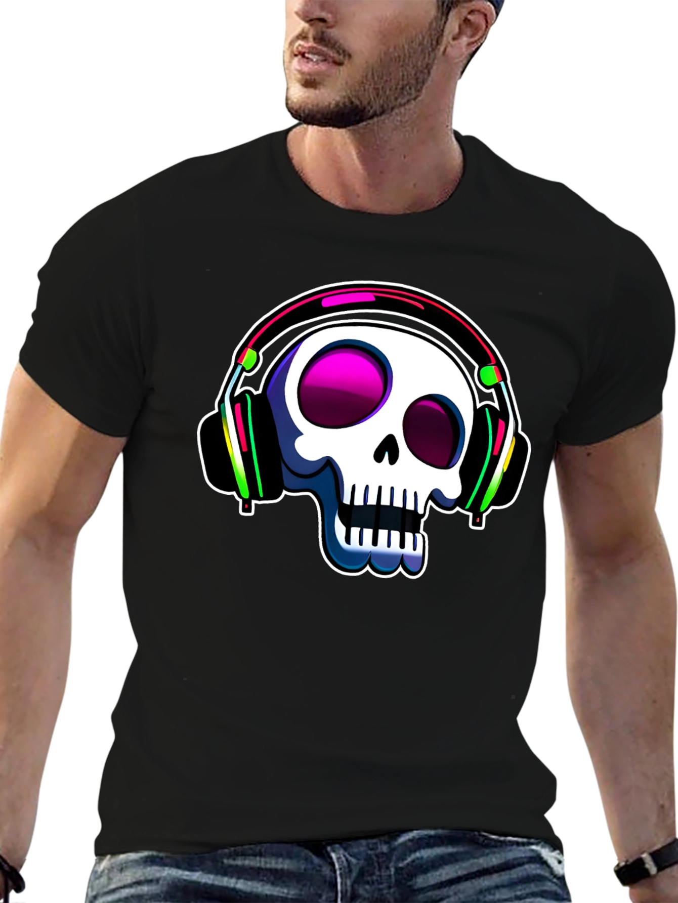 Black Skull with Headphones Graphic Tee view 6