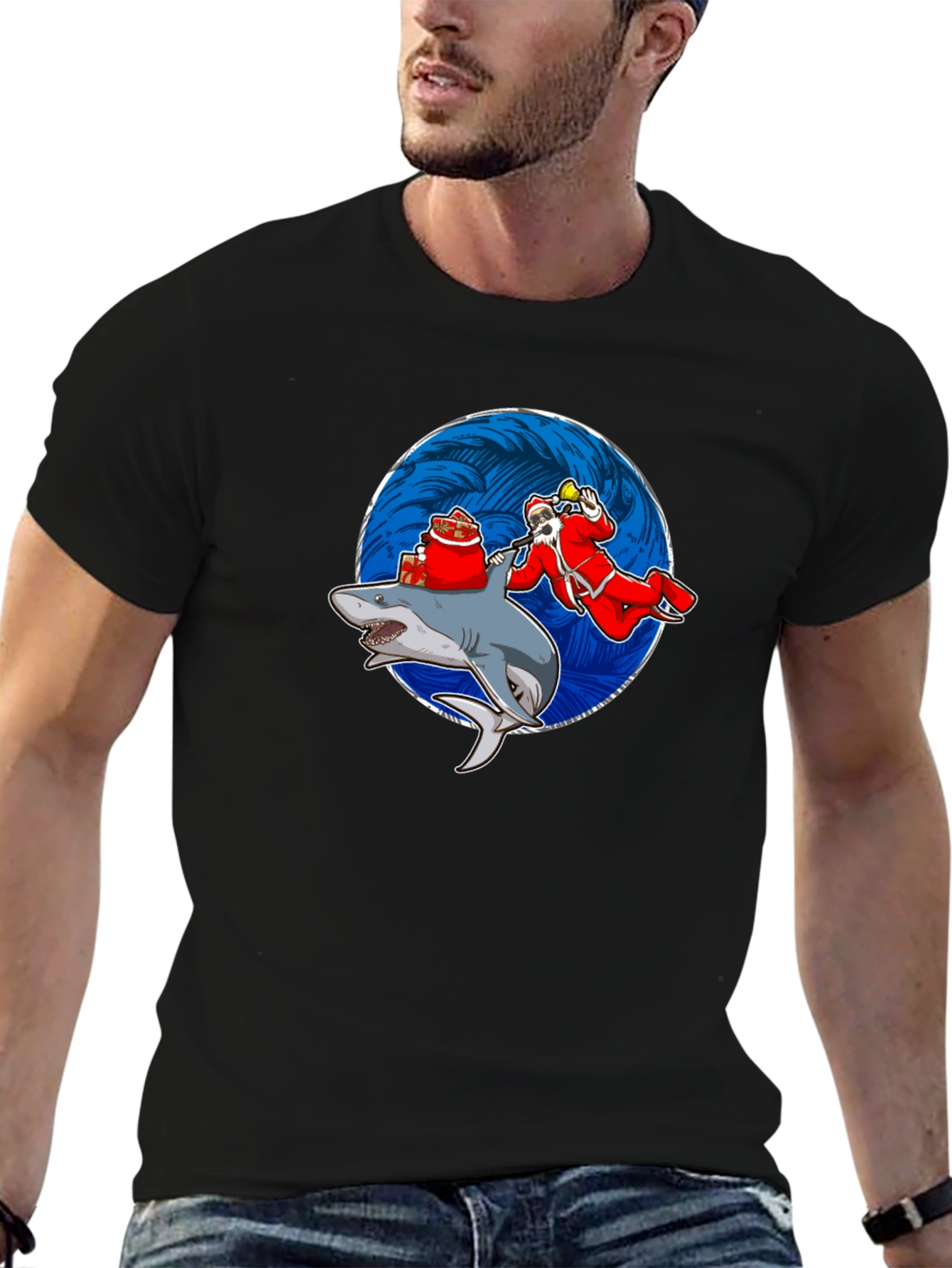 Black Shark Santa T-Shirt Funny Holiday Gift view 6