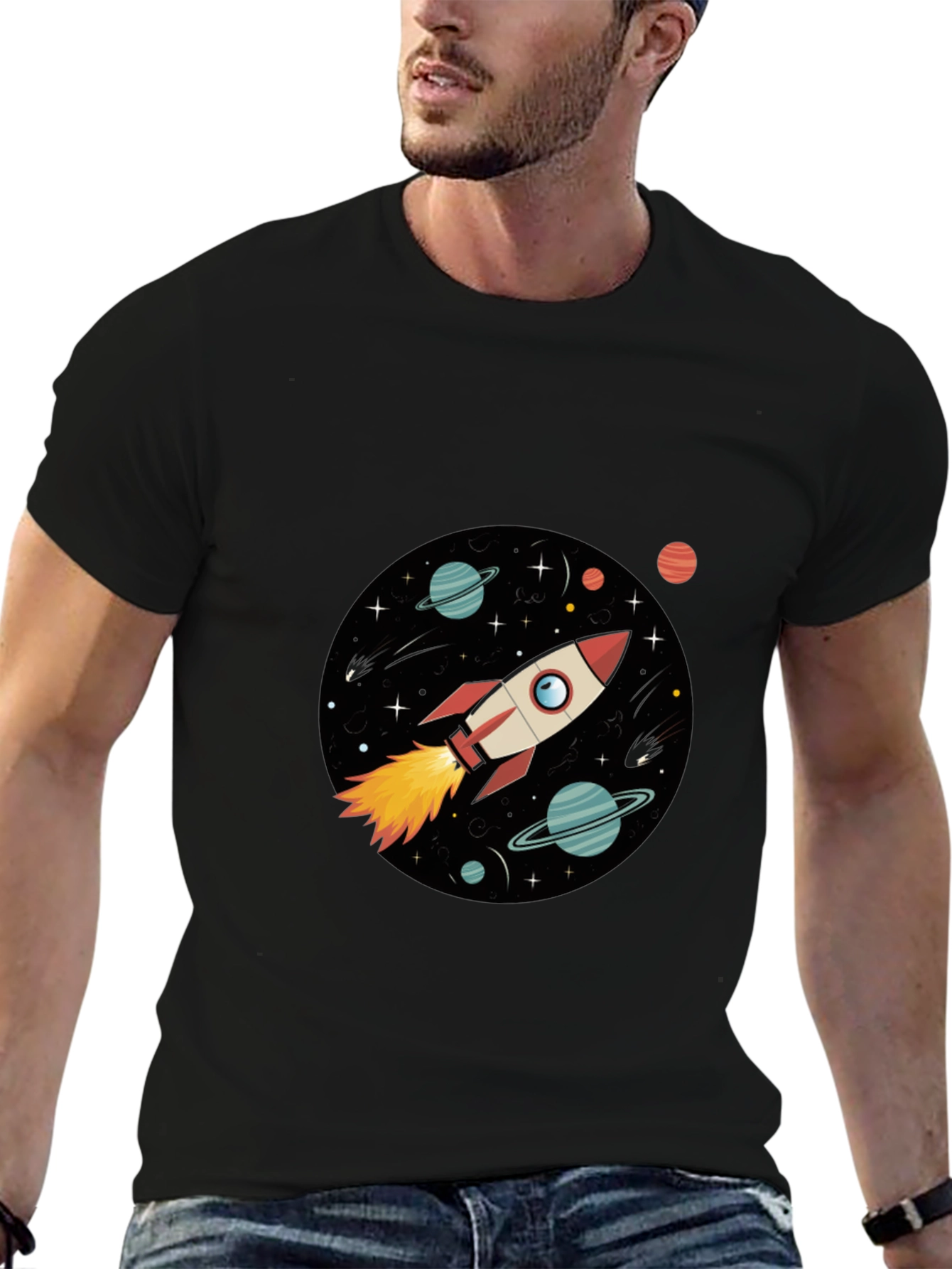 Black Space Rocket Graphic Black Tee view 6